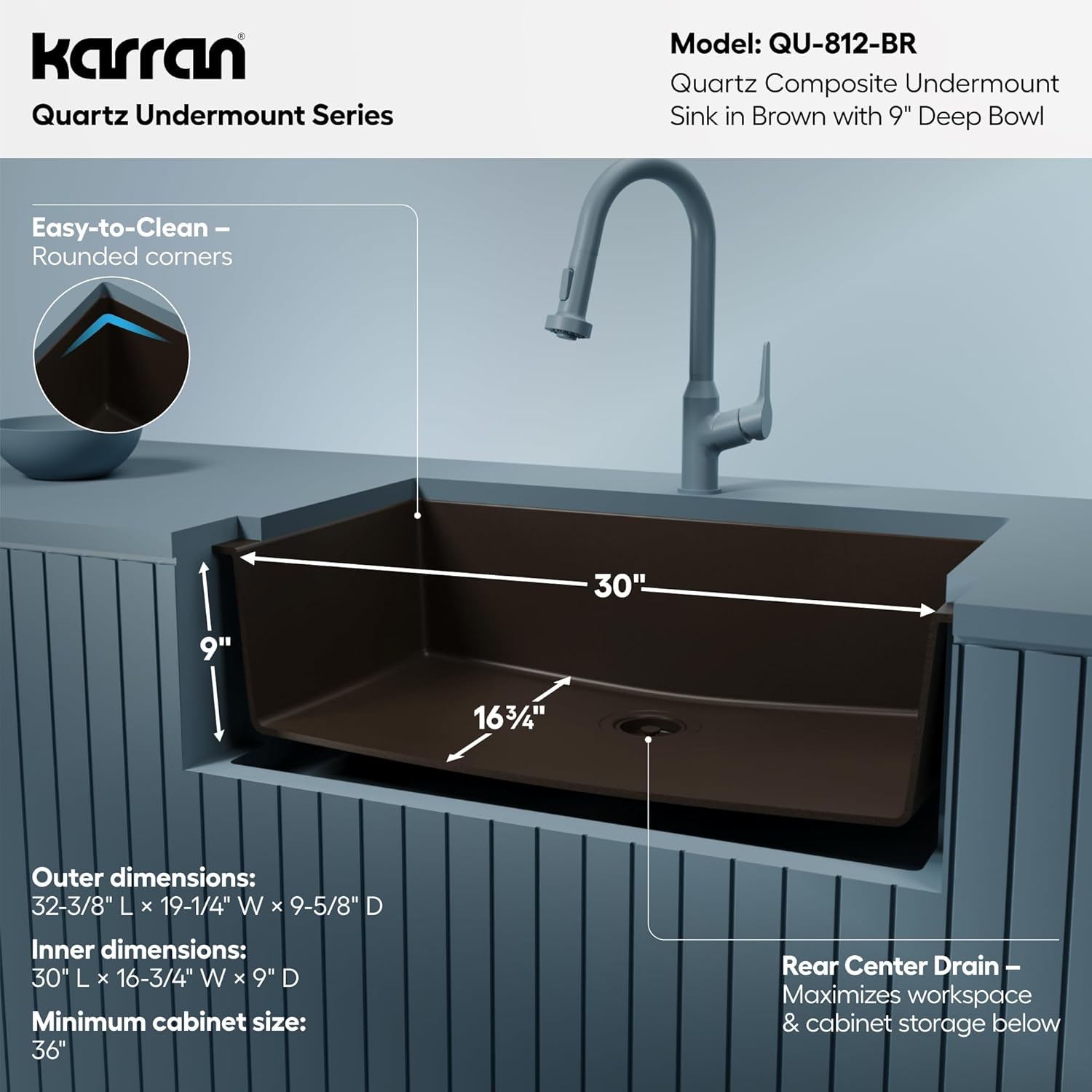 Karran Undermount 33" Large Single Bowl Granite Quartz Composite Kitchen Sink in Brown – Extra Deep 9" Basin, Heat & Scratch Resistant, Sound Dampening, Rear Drain – QU-812