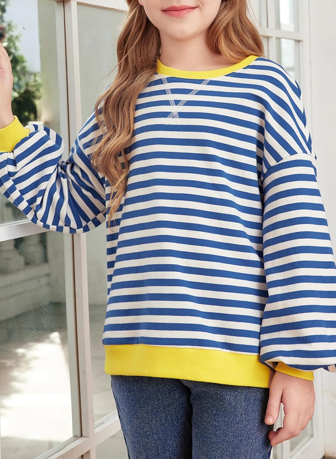 blibean Girls Cotton Long Sleeve Sweathirts Striped Color Block Tops Size 6-15 Years - Image 3