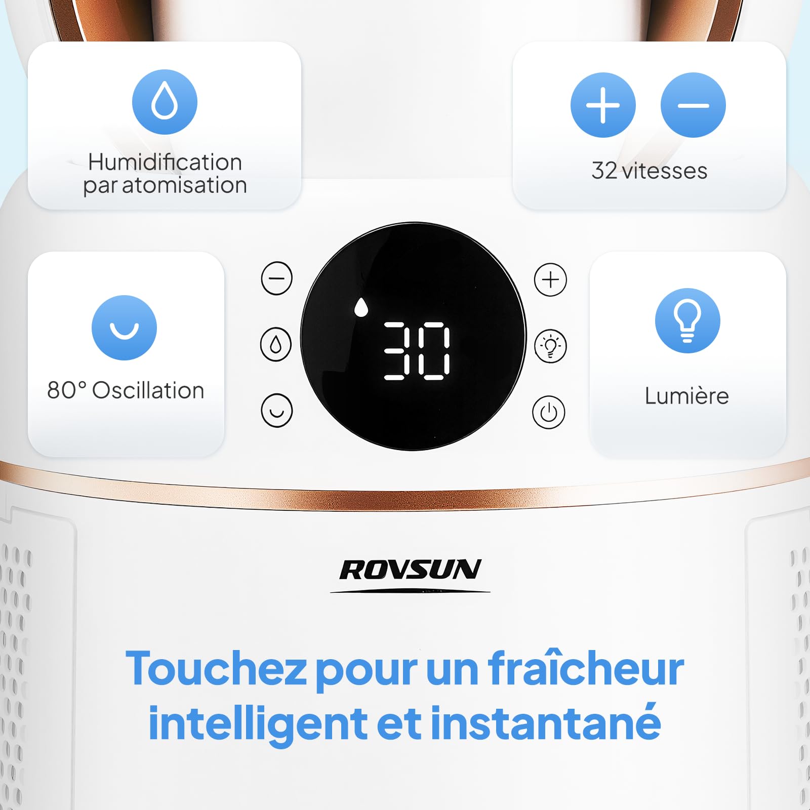 ROVSUN Ventilateur Colonne Purificateur d'Air, Ventilateur Sans Pales 110 cm, Humidification, Ions Négatifs, Stérilisation UV, 32 Vitesses, 4 Modes, 15H Minuteur, Oscillation 80°, Tactile+Télécommande