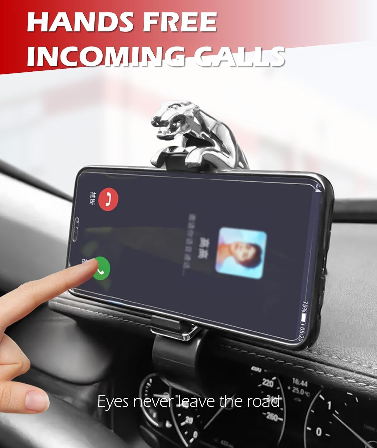 Car Phone Holder - Multi-Functional Jaguar-Inspired Dashboard Mount for 6.5'' Phones, HUD-Style Direct Viewing & Decorative Automotive Accessory (Chrome)