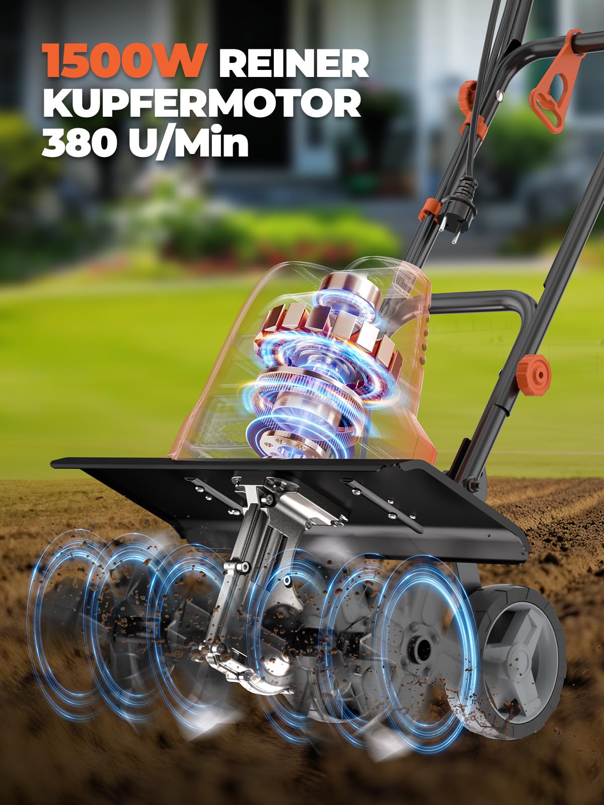 MYTOL 1500W Motorhacke Elektrisch, 45cm Arbeitsbreite, 22cm Arbeitstiefe, Leichtgewichts-gartenfräse mit 6×4 Robuste Stahlzinken, Klappbarer Griff, Doppelter Sicherheitsknopf, Überhitzungsschutz