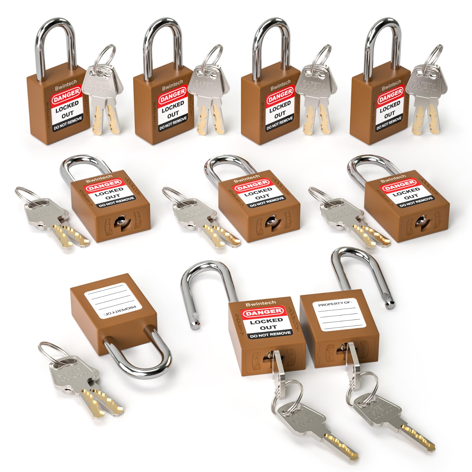 Bwintech 10 Pcs 38MM Keyed Different Brown Safety Padlock Lockout Tagout Lock for Lock Out Tag Out Stations and Devices