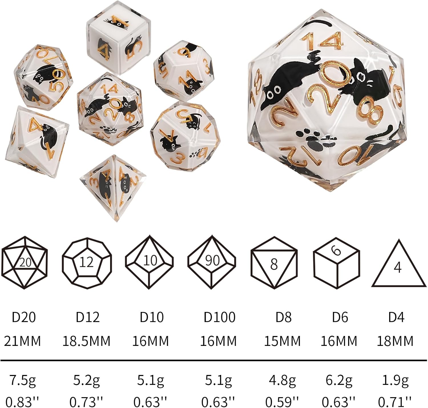 DND Dice Set 7-Pcs, Sharp Edge Cute Cat Style Resin Dice Polyhedral Resin Sharp Edge Dice for Roleplaying Games Dungeons and Dragons RPG MTG Table Games