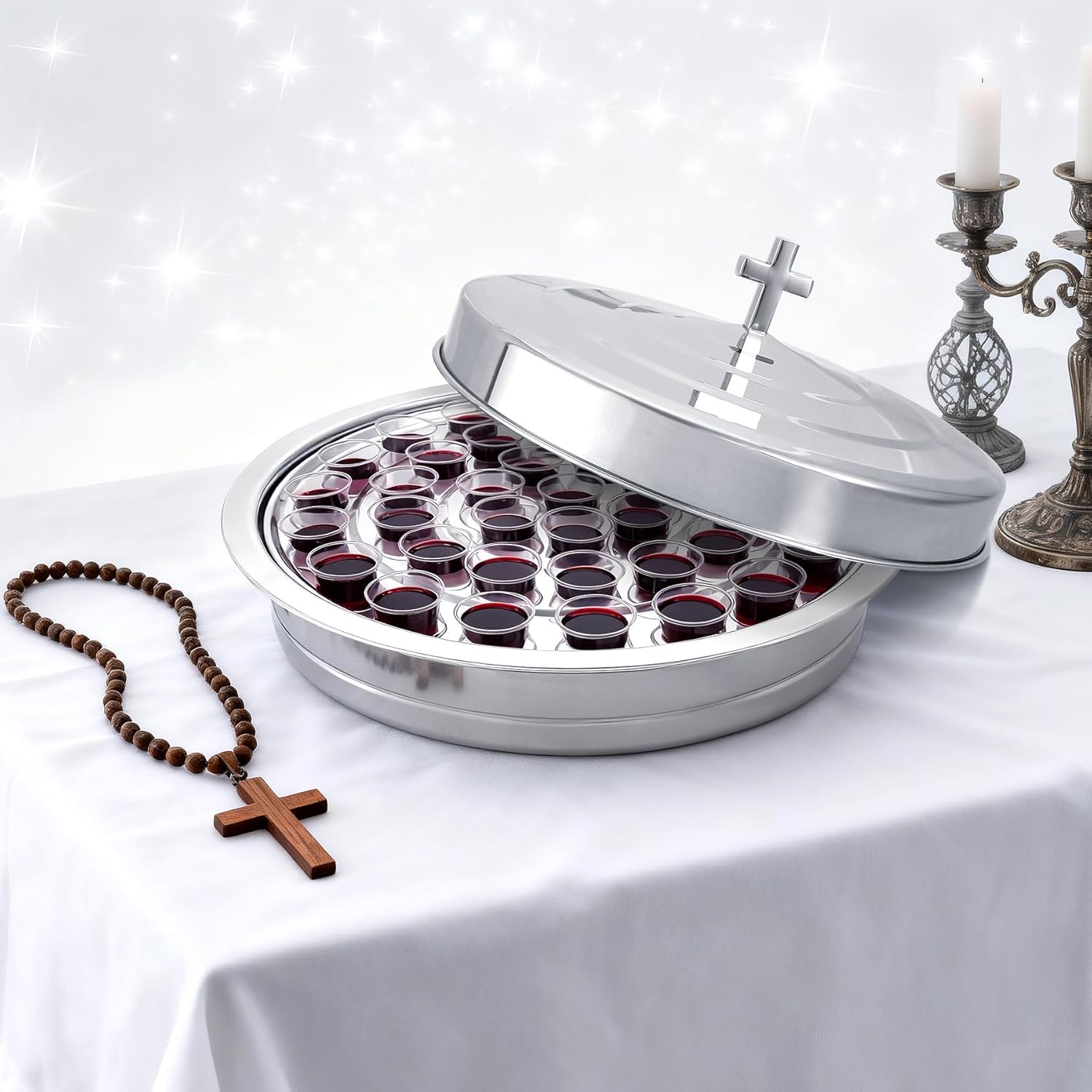 1Pcs Stainless Steel Communion Tray with 1 Lid – 40 Cup Communion Tray for Church – Silver Holy Communion Wine Tray, Stackable Church Worship Supplies（No Cups）
