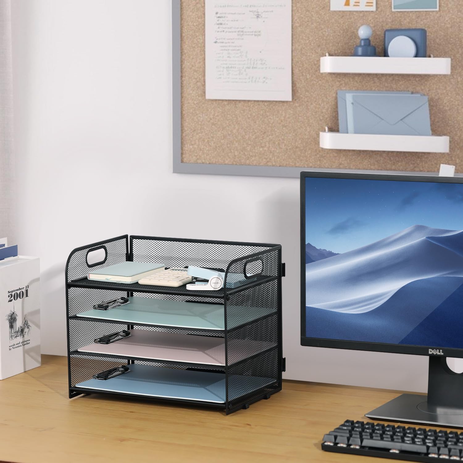 A4 Briefablage Dokumentenablage aus Metall, 4 Fächer Ablagefächer Stapelbar Papierablage, Mesh Design Ablagesystem Büro Ablage mit Griff, Schwarz, Kompakt, 32.8 x 24.7 x 27.6 cm