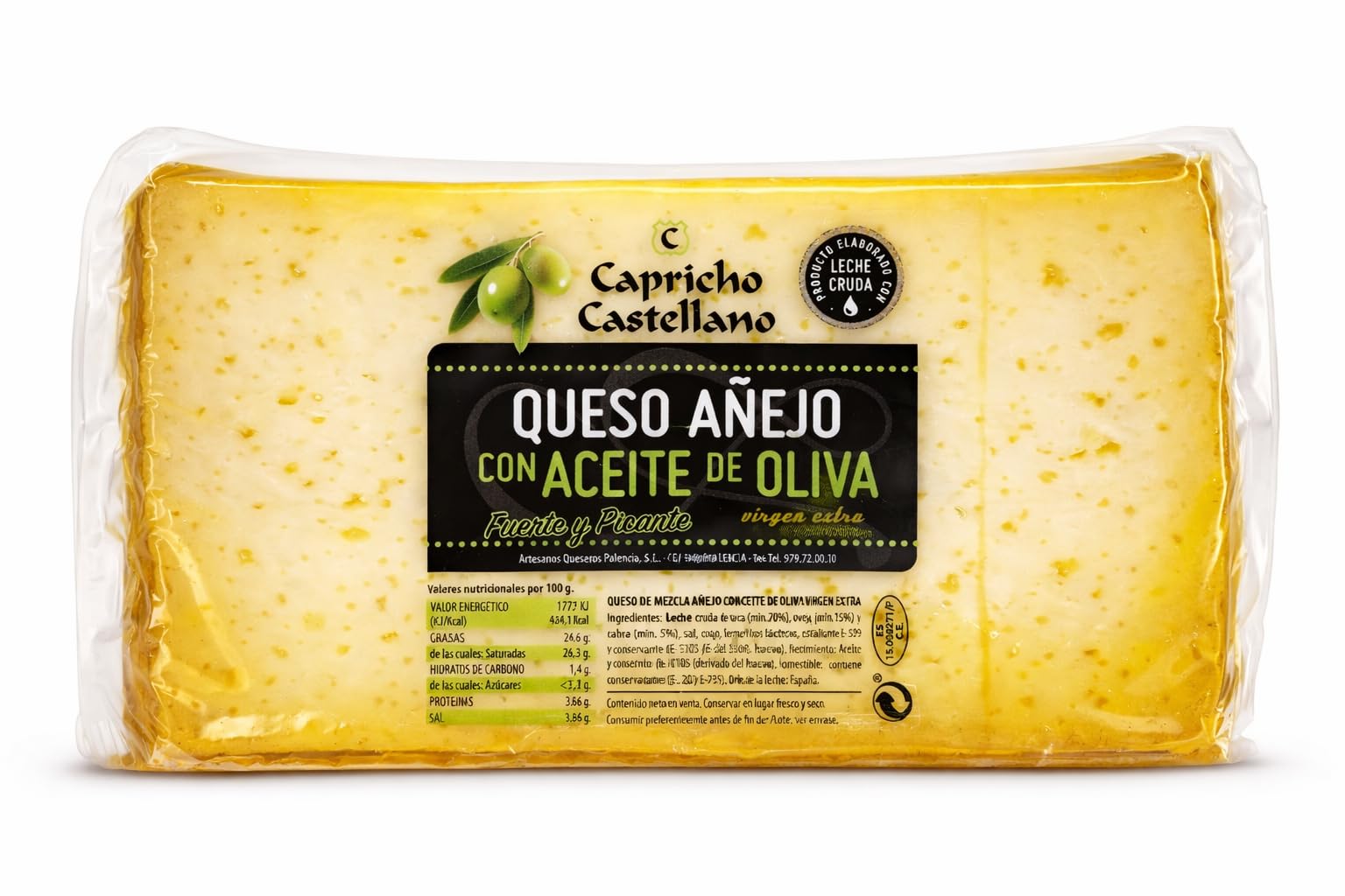 Queso Añejo en Aceite de Oliva "Capricho Castellano" - 1/2 Pieza 1,6kg (Aprox.) - Leche Cruda (3 Leches) - Sabor Fuerte y Picante - Origen Palencia