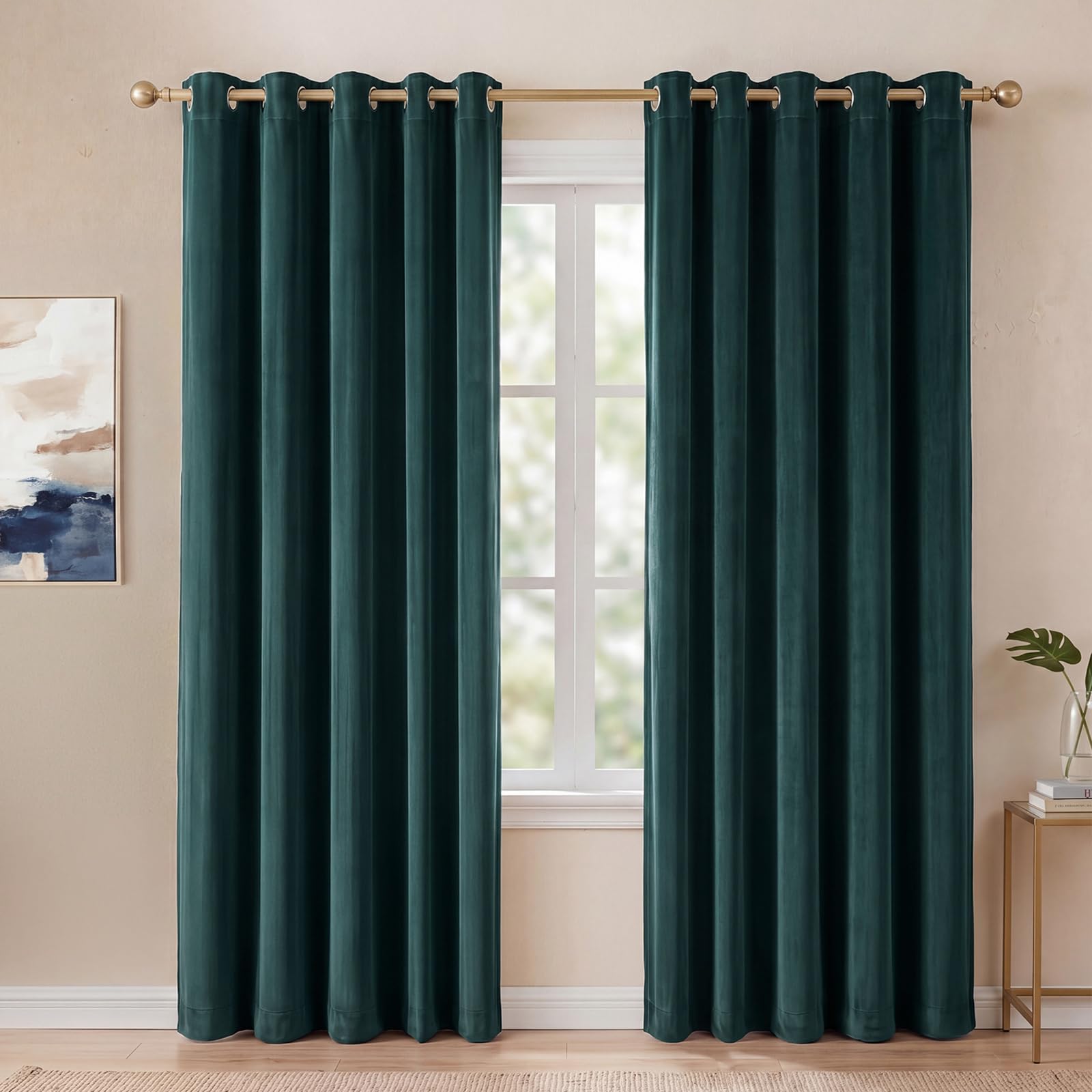 Marlow Green Velvet Blackout Curtains For Bedroom & Living Room – 66X90 Inch Thermal Insulated Eyelet Curtains With Tie Backs – Room Darkening, Machine Washable, 2 Panels,