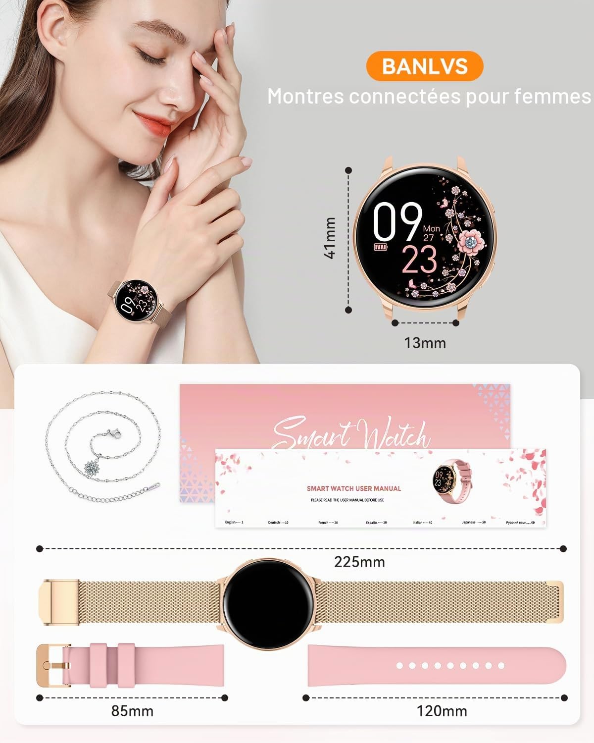 Montre Connectée Femme avec Appel Bluetooth, 1.27" Smartwatch avec Fréquence Cardiaque, Moniteur de Sommeil, Podomètre Calories, Spo2, 120+ Modes Sportifs Étanche IP68 Android iOS (Or)