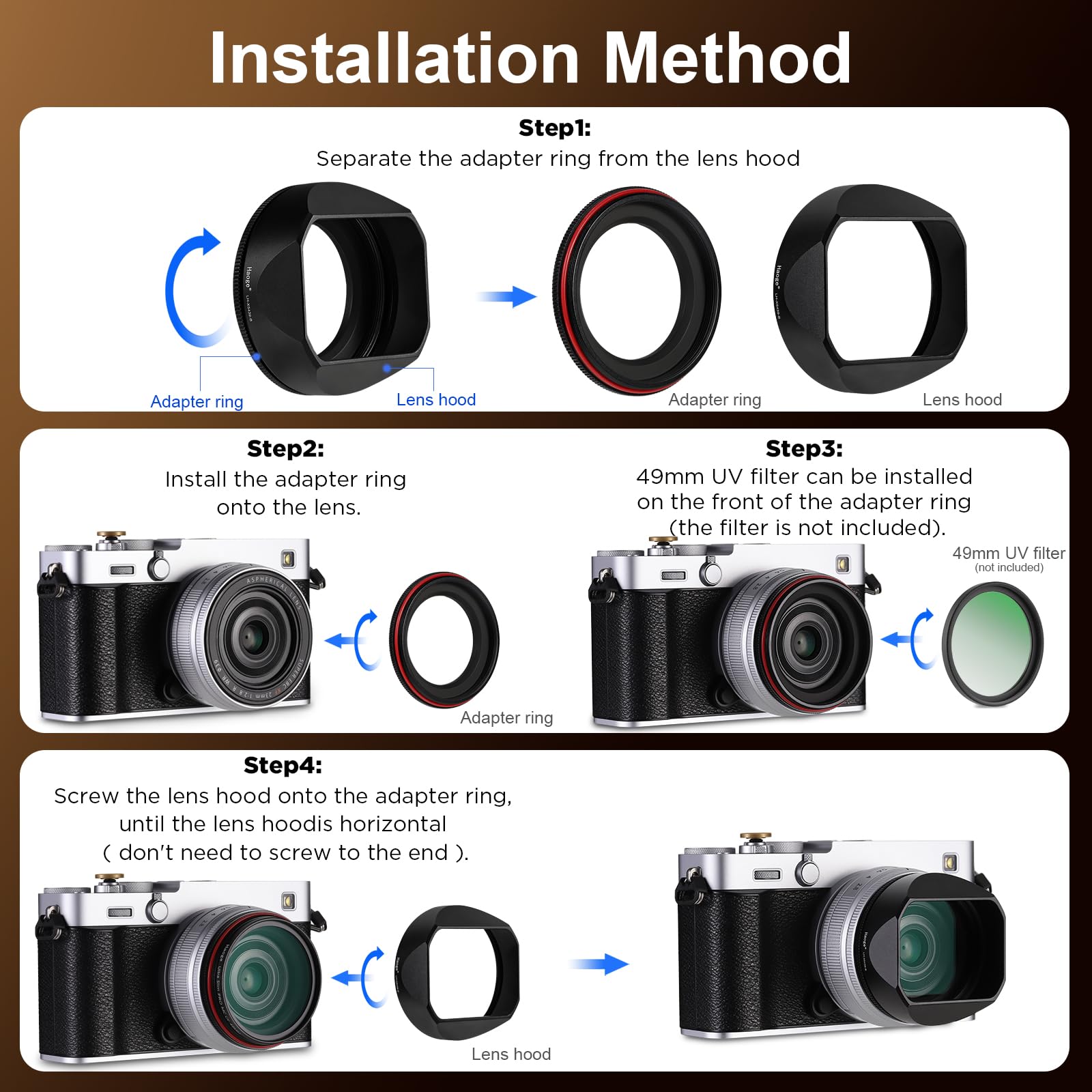 Haoge Metalllische quadratische Objektivblende for Fujifilm X-E5 & XF 23mm f2.8 Set Fujinon XF27mmF2.8 R WR Objektive 39mm Schraubbar Hood Black,with Metallldeckel, on XE5 Kamerakörper Kit