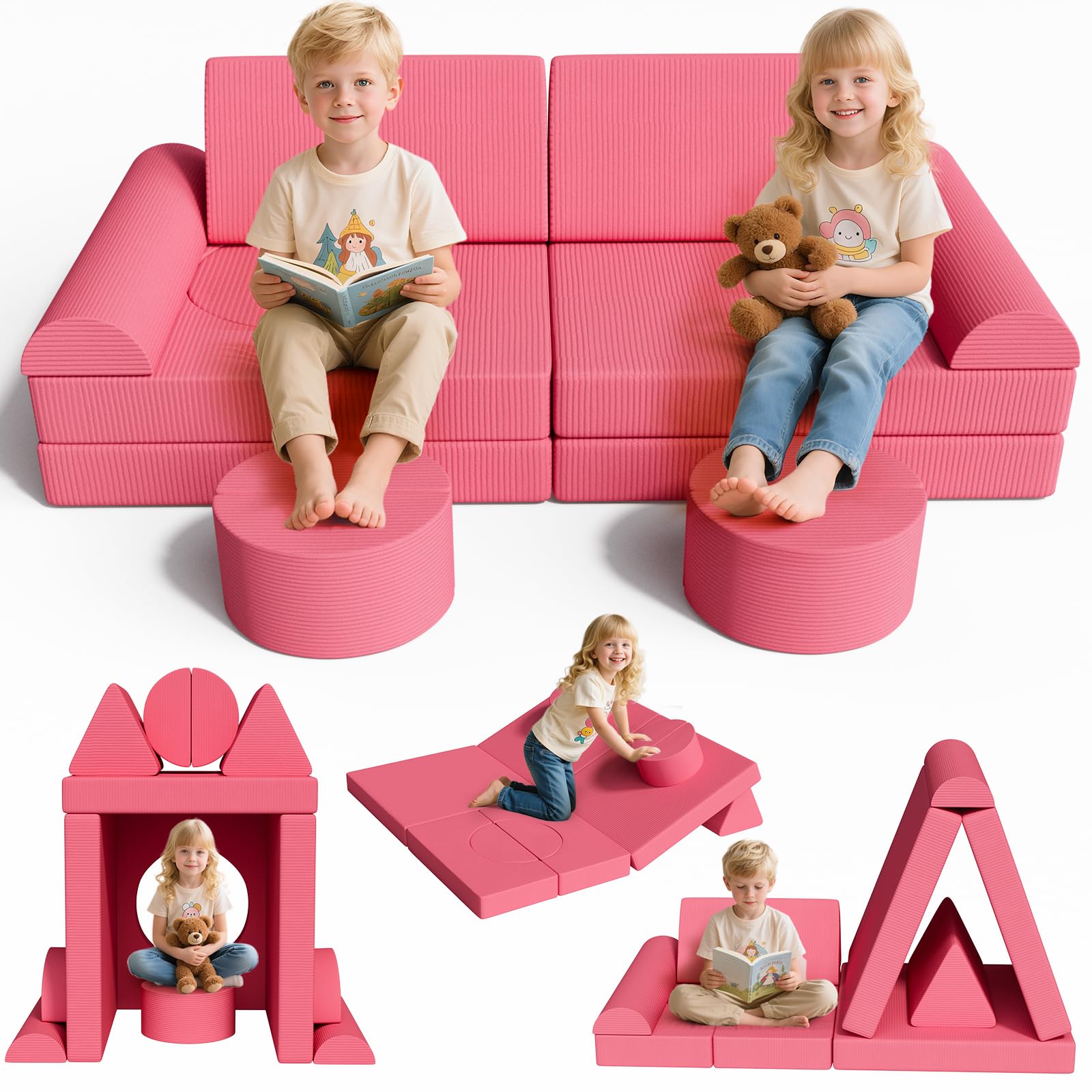 Divano per Bambini 15 Pezzi, Divano da Gioco per Bambini, Divano Gioco Modulare in Schiuma, per Camera da Letto e Sala Giochi, Mobili Creativi per Sala Giochi, Regalo bambini, Velluto a Coste (Rosa)