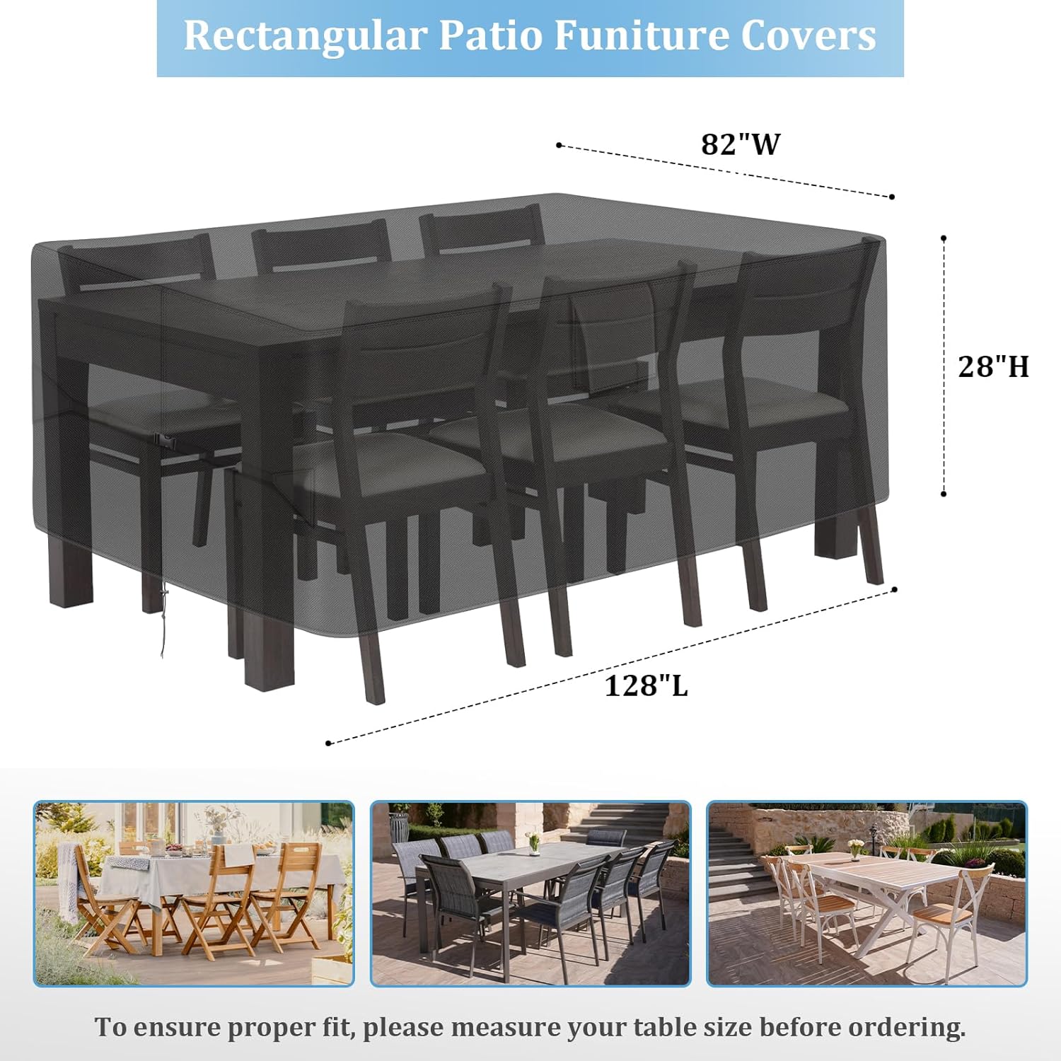 RICHIE Patio Furniture Covers - 600D Heavy Duty Waterproof Rectangle Table Cover, Lawn Furniture Set Covers for Outside Dining Table and Chairs Seating 128"L x 82"W x 28"H