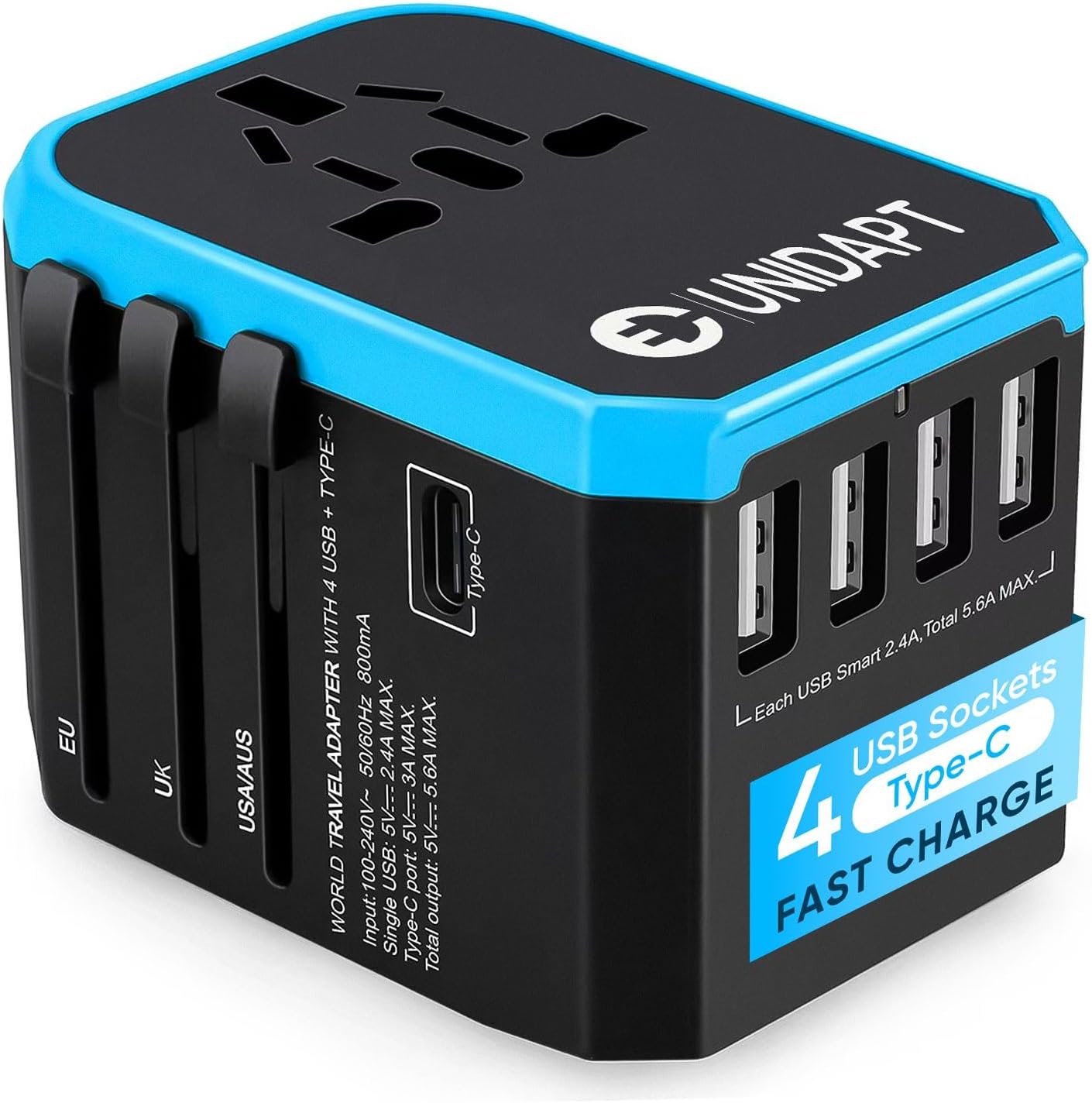 Universal Travel Adapter for Europe and International Travel from USA, Type C EU/Type G UK/Type I AU/Type A US, 1 AC Outlet, 1 USB-C and 4 USB-A Ports, Unidapt Travel Plug Adapter