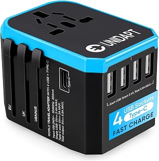 Unidapt Universal Travel Adapter: Europe UK Australia US Plugs, 1 AC Outlet, 1 USB-C & 4 USB-A Ports for Worldwide Trips