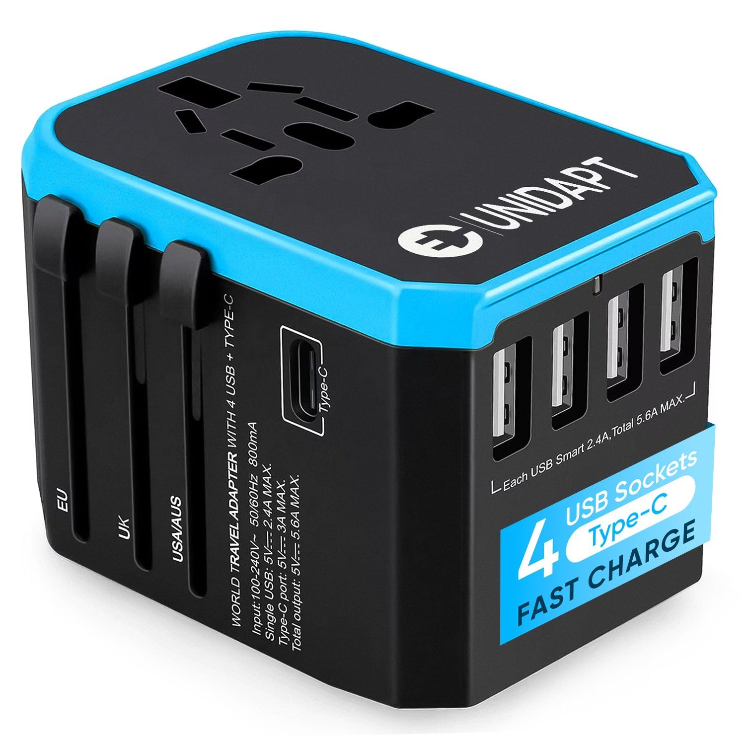 Universal Travel Adapter for Europe and International Travel from USA, Type C EU/Type G UK/Type I AU/Type A US, 1 AC Outlet, 1 USB-C and 4 USB-A Ports, Unidapt Travel Plug Adapter