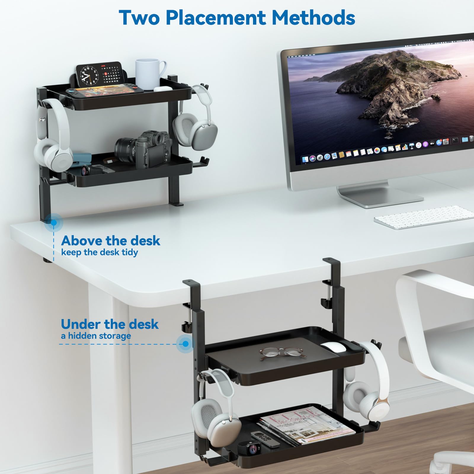KDD Organizer da scrivania con morsetto, regolabile a 2 ripiani, sopra o sotto la scrivania, con vassoio di grande capacità, supporto per telefono e tablet, gancio per cuffie, senza fori, per
