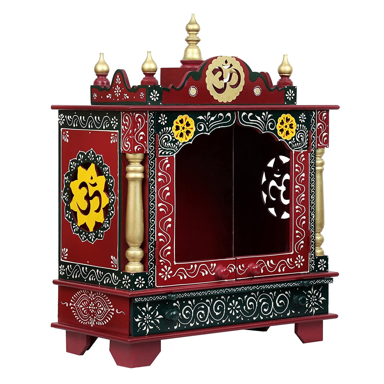 Templo casero de madera granate con luces LED y puertas de vidrio de 40x12x24