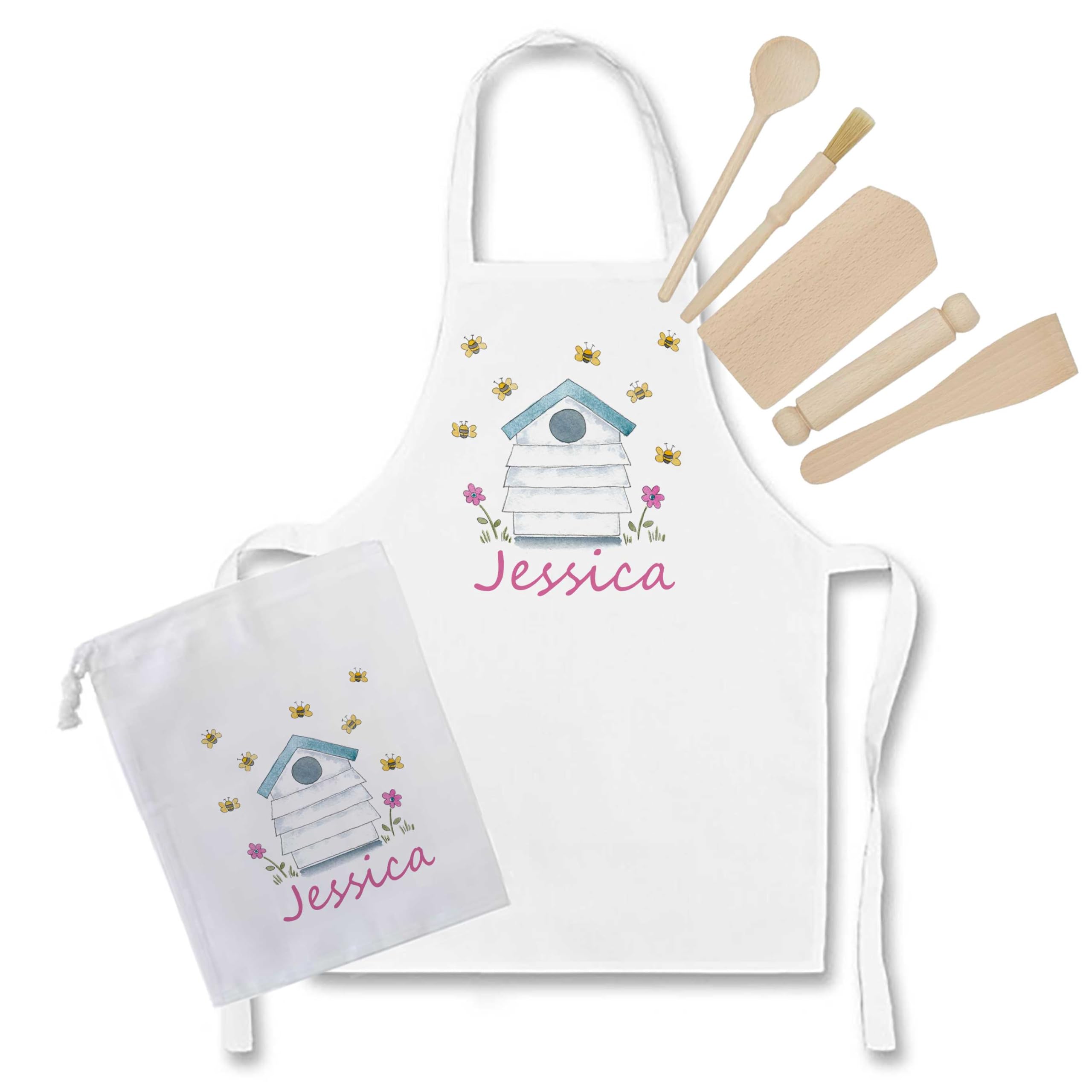 Tigerlilyprints Personalised Girls Apron Set – Custom Name Kids Baking Apron – Unicorn, Princess, Butterfly & Floral Designs – Cooking, Baking & Craft Gift (Beehive)