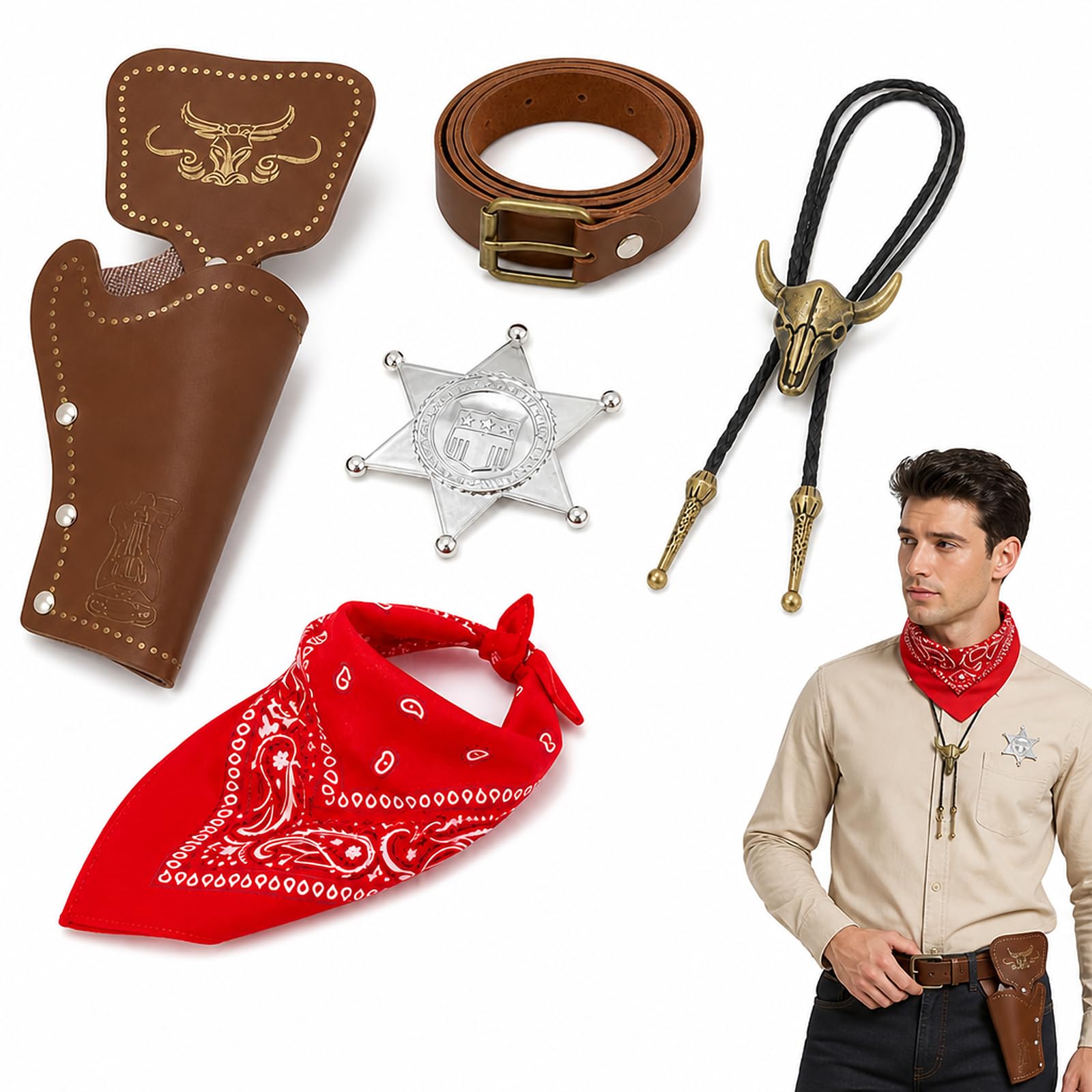 TUBAWD 5PCS Western Costume Set Belt Holster Badge Scarf Necklace (Red)