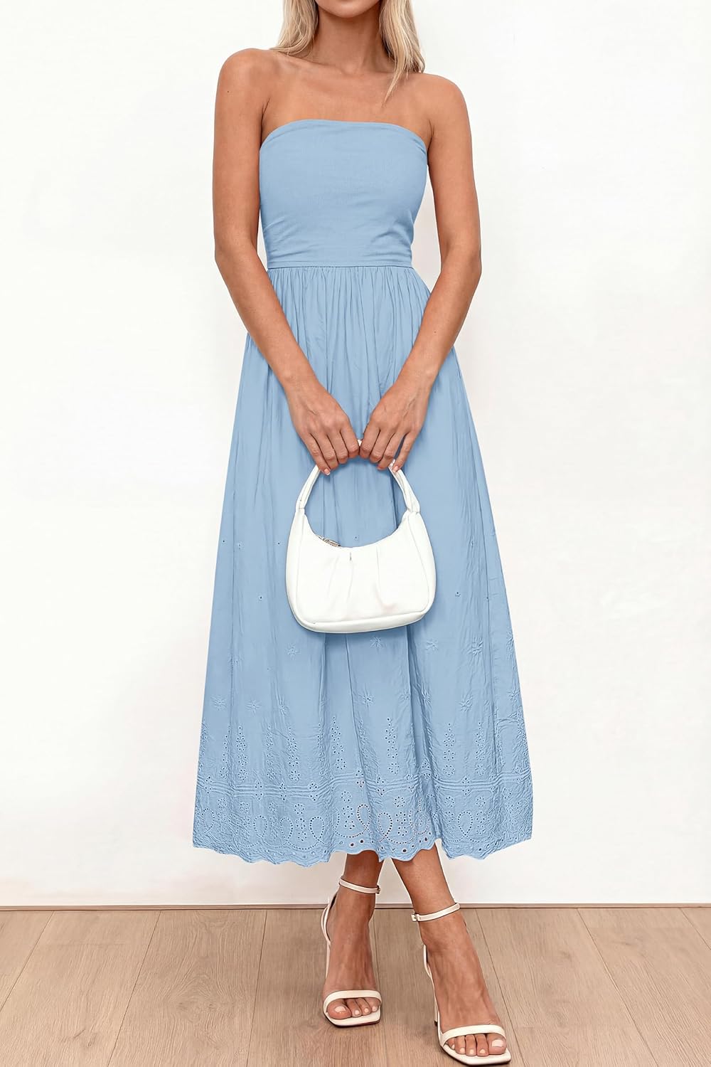 PRETTYGARDEN Womens Summer Dresses 2026 Sexy Sleeveless Tube Top Long Dress Eyelet Cotton Maxi Beach Sundress Pockets