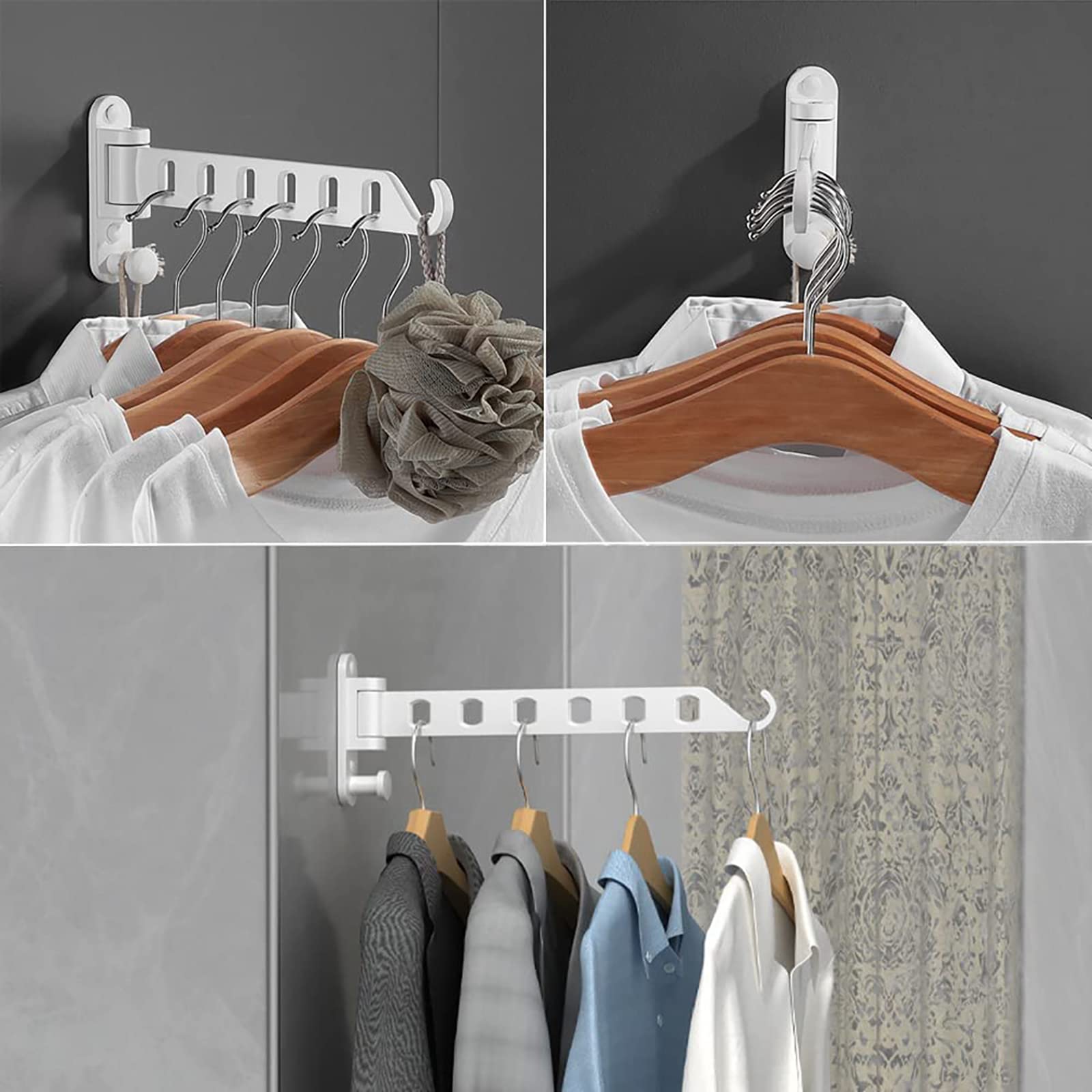 Appendiabiti da Parete Ribaltabile, Attaccapanni da Muro con rotazione a 180°, Appendiabiti da Muro Pieghevole per Bagno, Balcone, Lavanderia (Bianco, 6 Fori)