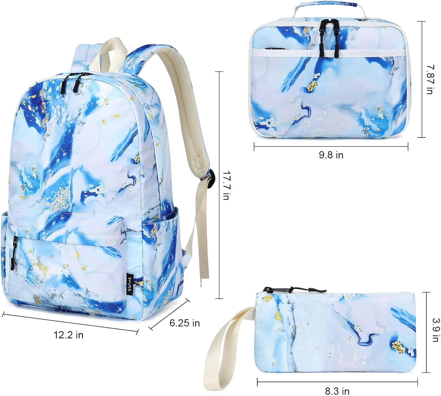 Imyth Backpack for Teen Girls School Gift Bookbag Lunch Box Pencil Bag 3 in 1 Set (Marble Blue) - Image 2
