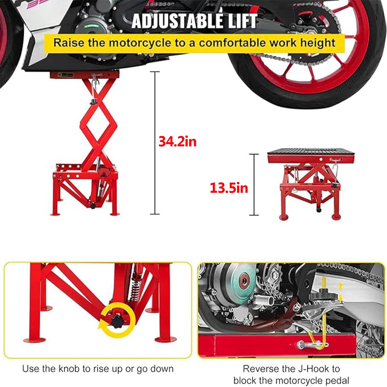 Table élévatrice hydraulique pour moto, fonctionnement à pédale, capacité de 136 kg, idéale pour l'entretien et le rangement du vélo