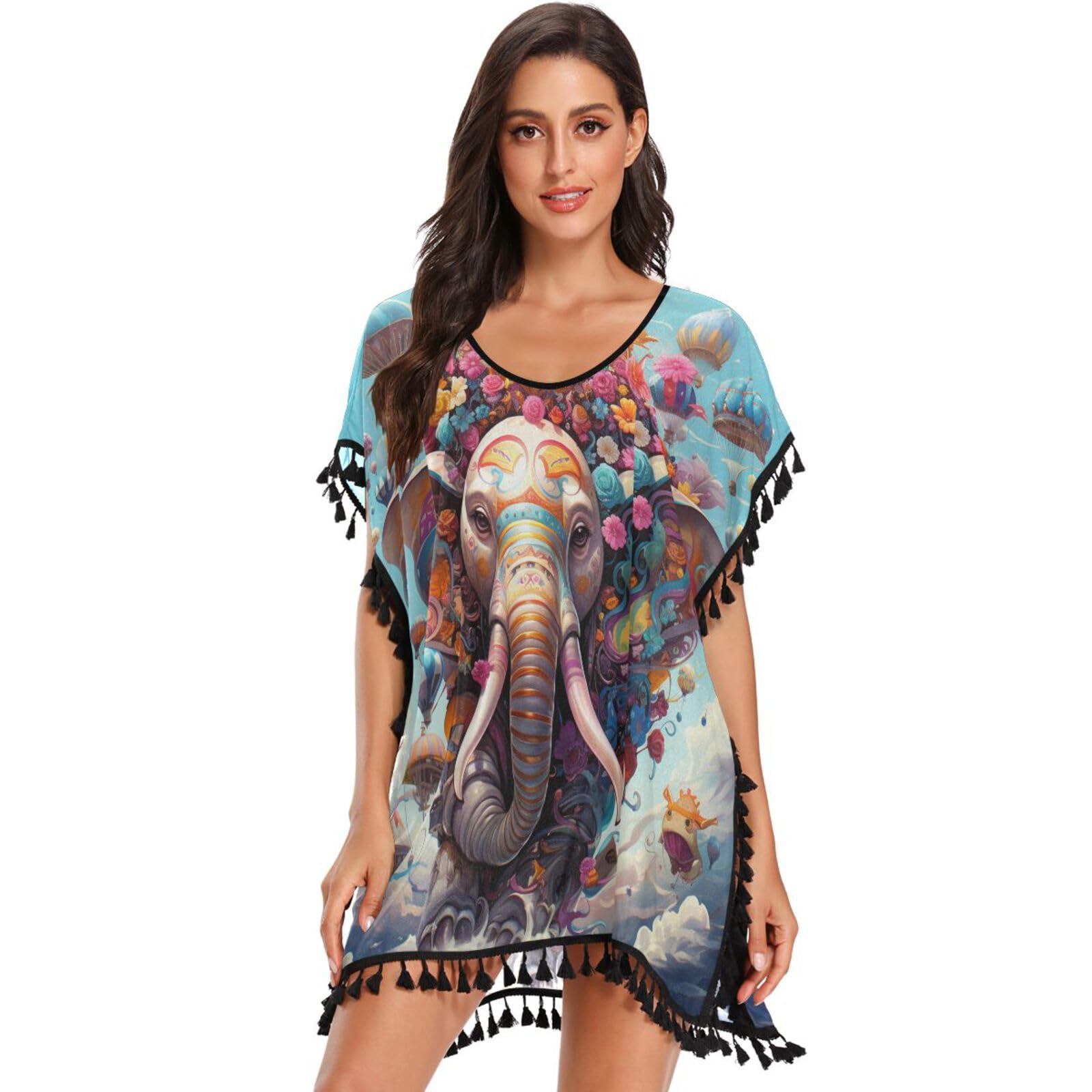 Elephant Colorful Art Women's Beach Cover Up Chiffon Tassel Swimwear Swimsuit Coverups for Girl