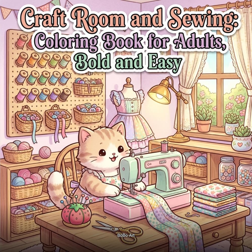 Craft Room and Sewing Coloring Book for Adults: Bold and Easy Kawaii Designs: 50 Cozy Scenes — Sewing Machines, Embroidery Hoops, Quilting, Thread Collections, and Fabric Arts for Creative Relaxation