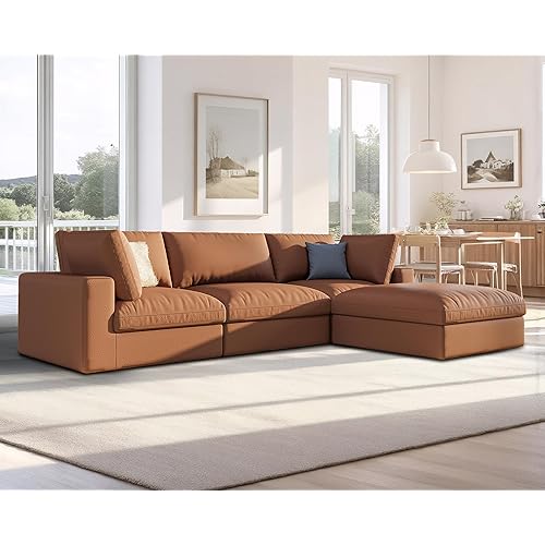 AMERLIFE 114 Inches Modular Sectional Couch, Feather Down Filled Sectional Sofa, 4 Seats L Shaped Couch with Chaise, Ottoman, Oversized Sofa for Living Roomt Apartment, Brown Anti-Scratch Leathaire
