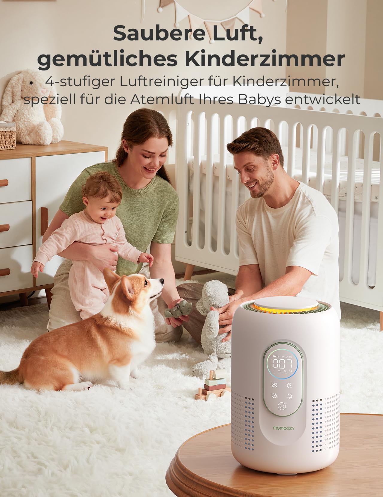 Momcozy Luftreiniger für das Kinderzimmer, 4-Filtersystem mit H13 HEPA- und Aktivkohlefilter, Echtzeit-PM2,5-Luftqualitätsüberwachung, 21 dB Schlafmodus, Leise für Allergiker gegen Staub | Luftreiniger mit 4 Geschwindigkeiten, Schlafmodus 21 dB, verstellb