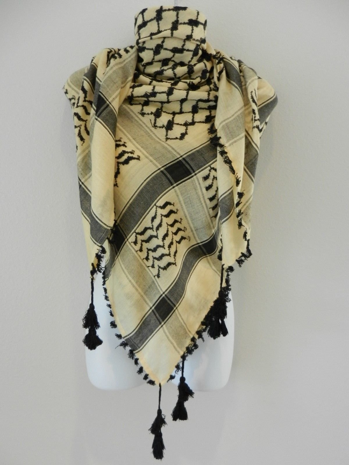 Tan Light Brown With Black Embroided Arab Shemagh Head Scarf Neck Wrap Cotton