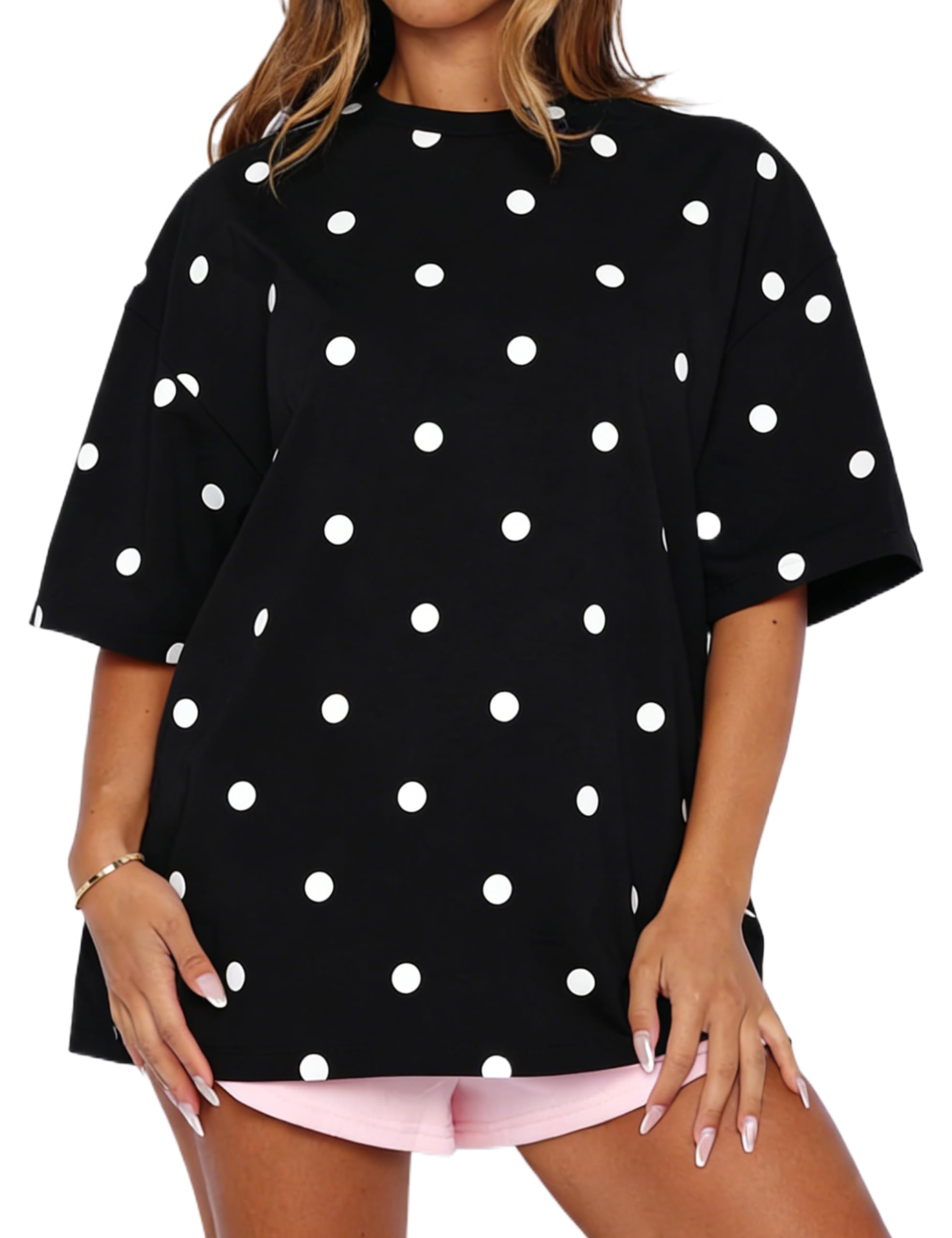 Photo 1 of HOCANDY Womens Polka Dot Shirt Oversized T Shirts Loose Fit Crewneck Short Sleeve Polka Dot Tops Summer Casual 2026 Basic Tee Black