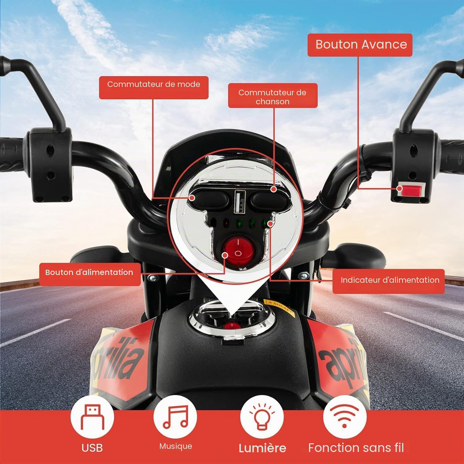 FANTASK Aprilia Moto électrique pour Enfant de 3 à 8 Ans, 12 V, 5,5 à 6 km/h, avec stabilisateurs, Musique et phares, Rouge et Noire, pour Enfants de 3 à 8 Ans, Rouge