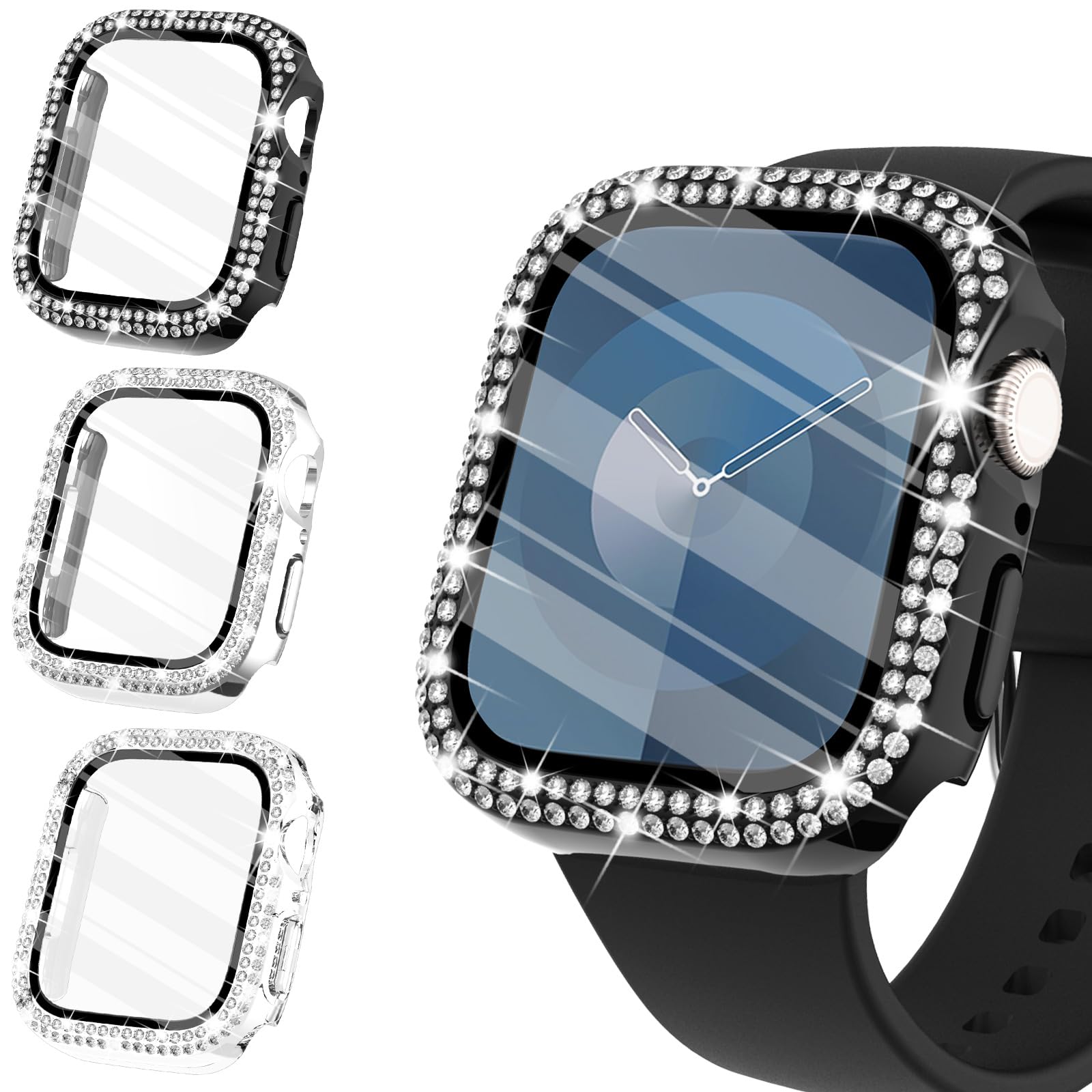 WINGLE Compatible with Apple Watch Screen Protector 44mm SE 3 2 1/ Series 6 5 4, Women Shiny Diamond Cover with Tempered Glass Screen Protector for Apple Watch Case 44mm,Clear — view 19