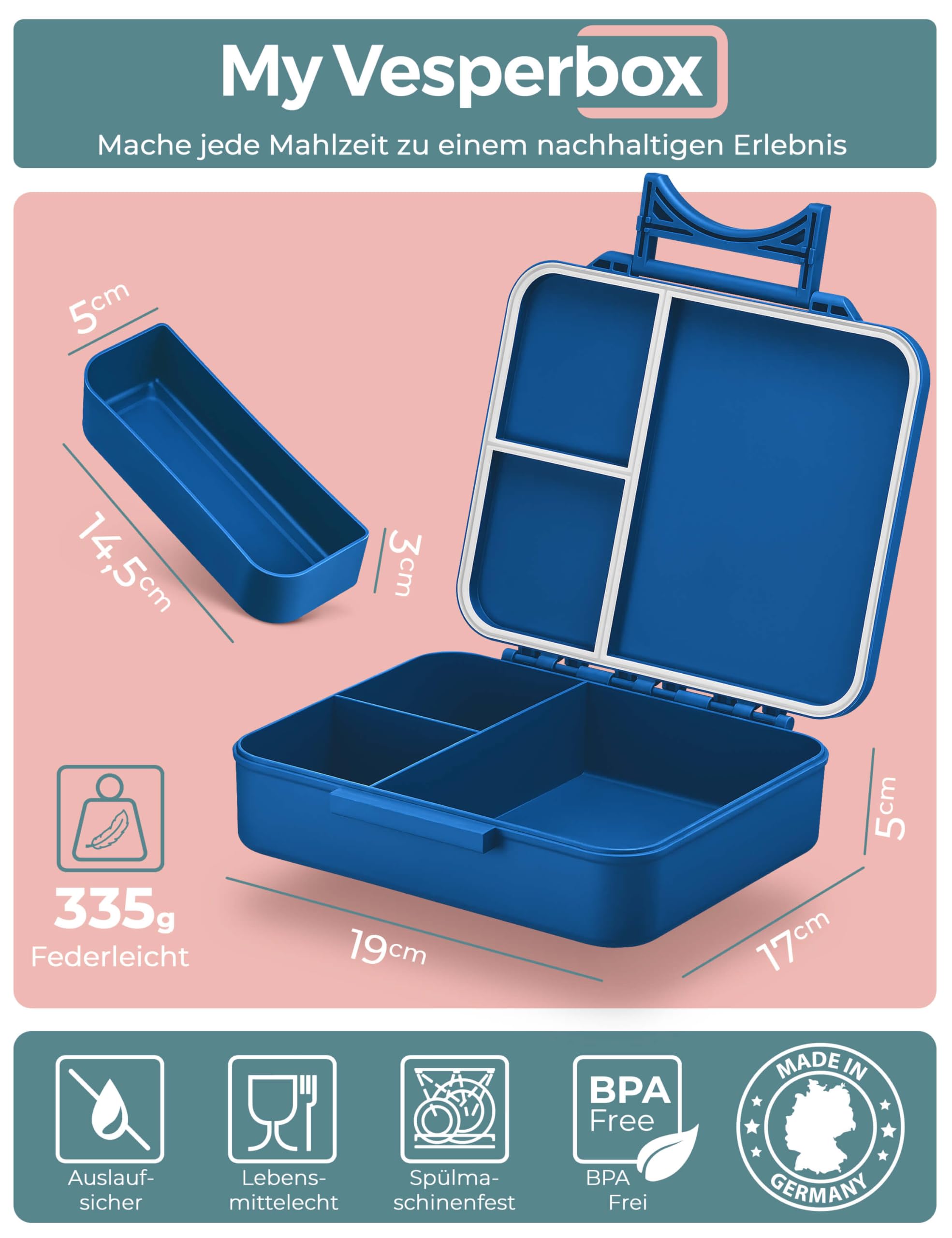 My Vesperbox – LIV - Bento Box Kinder - Made in Germany - Model 2026 - Bruchsicher - Biobasierend - Auslaufsicher & Unterteilt - BPA Frei - extrem robust - Lunchbox – Brotdose mit Fächern - Jausenbox