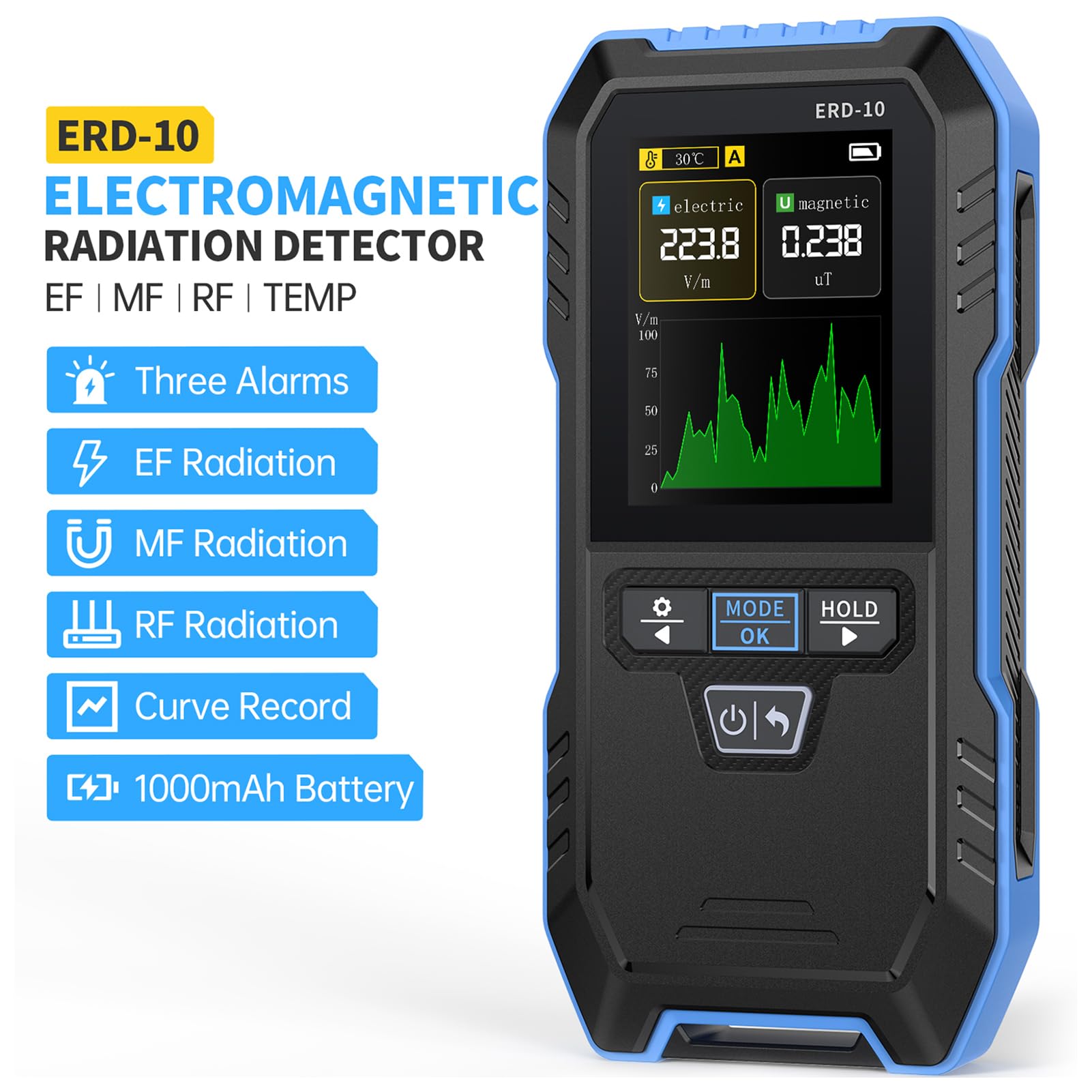 DEWIN ERD-10 EMF Messgerät Strahlungsdetektor, 3-in-1 Tragbarer Handheld Detektor für Elektromagnetische Strahlung Gleichzeitige Messung von EF, MF, RF