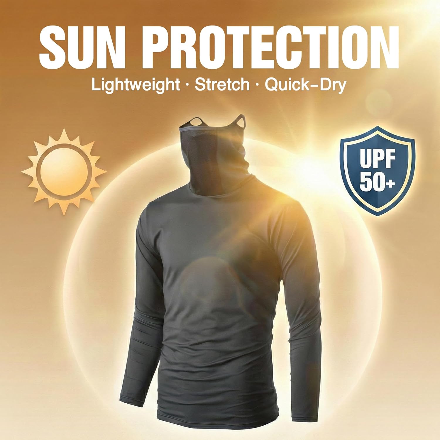 Ohoo Mens Slim Fit Long Sleeve Lightweight Cool Dry UPF 50+ Sun Protection Face Mask Mock Neck Athletic Hoodie T-Shirt