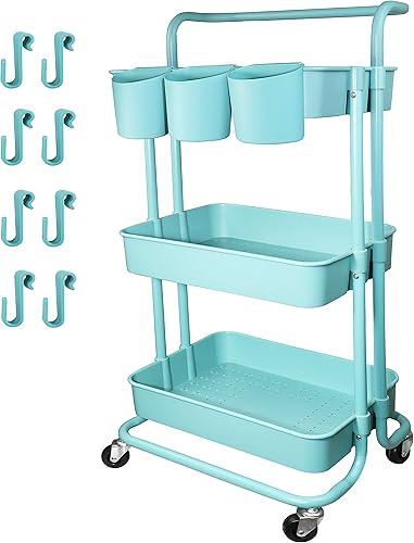 Miniatura 1 de Piowio Carrito de almacenamiento multifuncional de 3 niveles con 3 tazas y 8 ganchos para el hogar, cocina, baño, lavandería, oficina, tienda, etc.