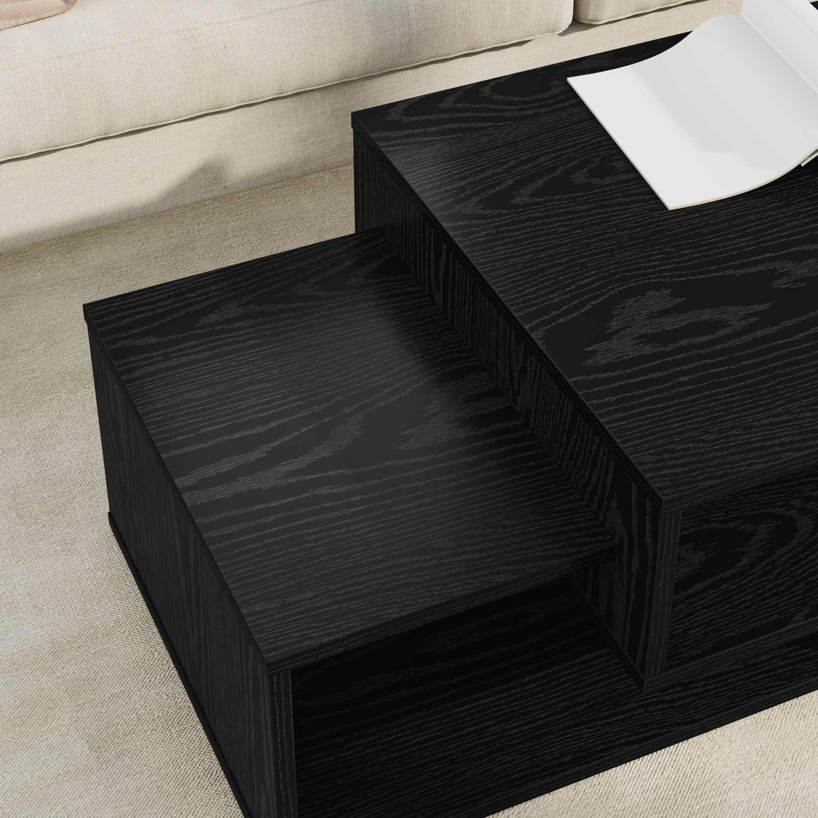 Mesa de centro de roble negro 105 x 50 x 32,5 cm de material de madera con 3 estantes, moderna mesa de centro de mesa lateral para salón, pequeña mesa de salón para sofá, balcón, dormitorio