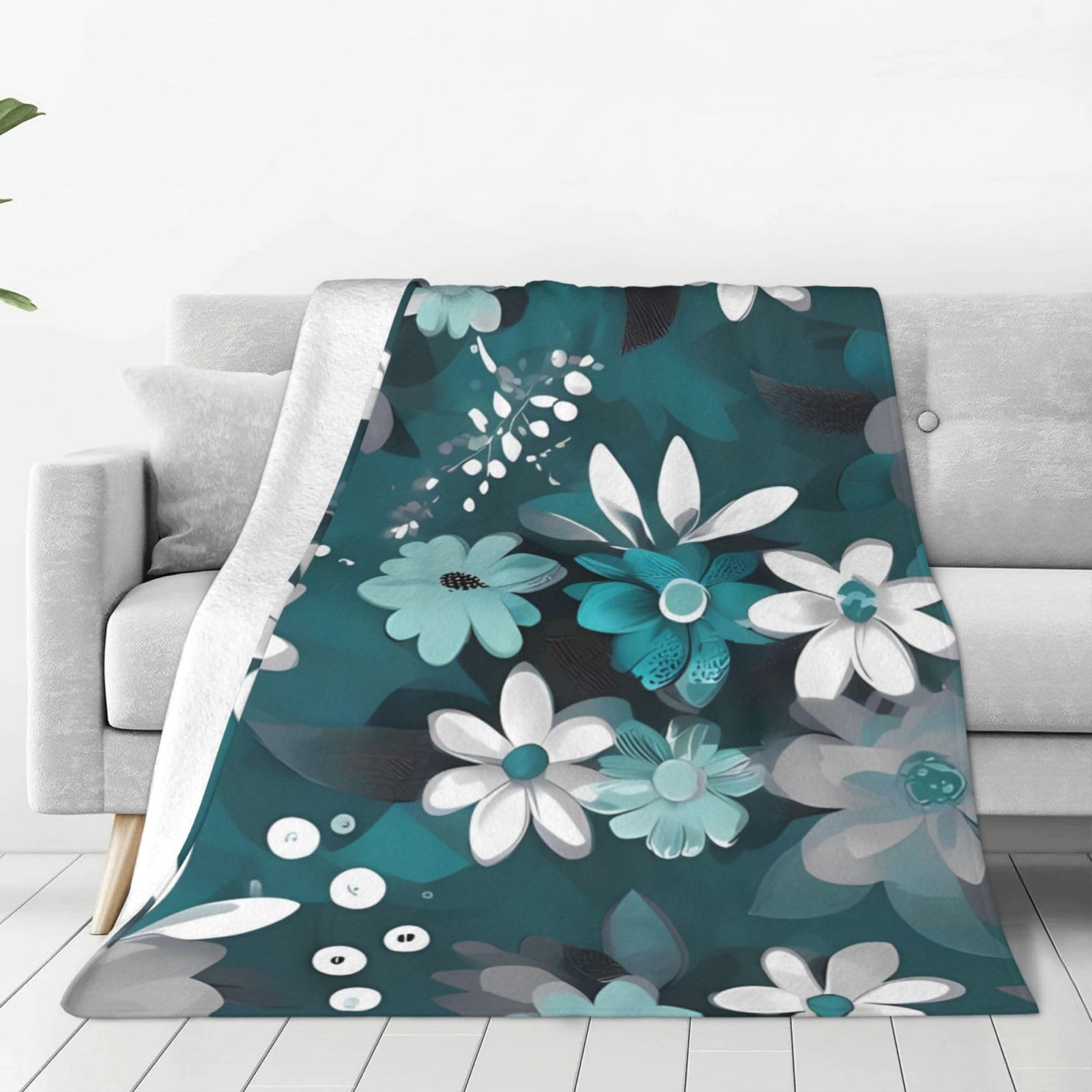 Couverture flanelle imprime floral bleu sarcelle gris blanc 203x152