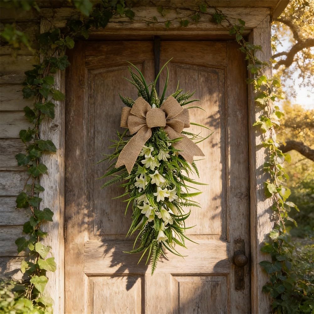 Corona de lirios artificiales, 60 cm, con lazo para puerta de casa