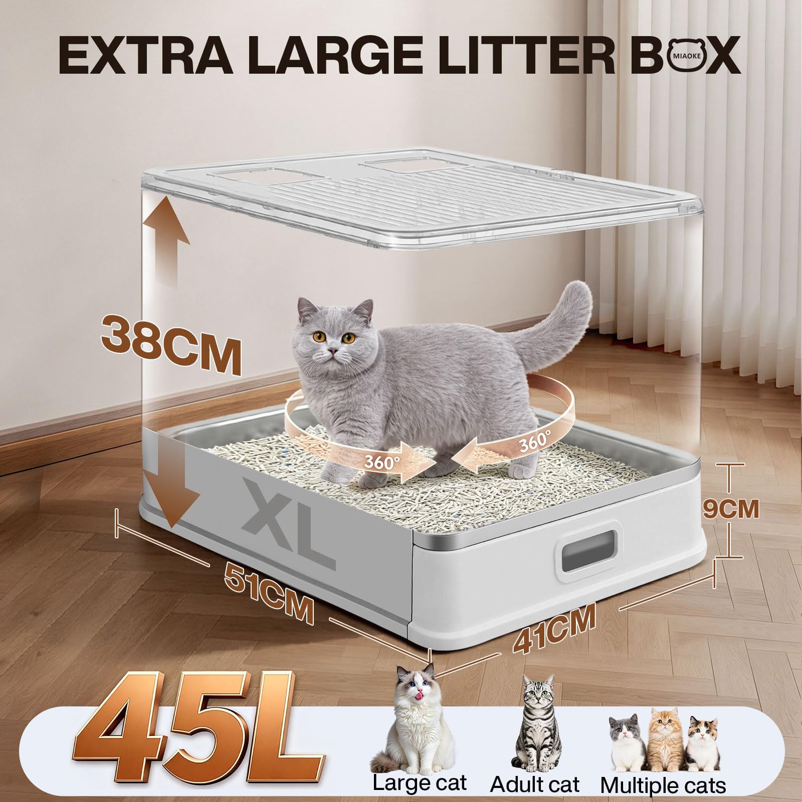 XL Arenero Gato Cubierto de Acero Inoxidable con Diseño de Cajón Cerrado | Doble Control Olores, Resistente Arañazos, Prueba Fugas, Revestimiento Antiadherente, Fácil de Limpiar, para Gatos Interior