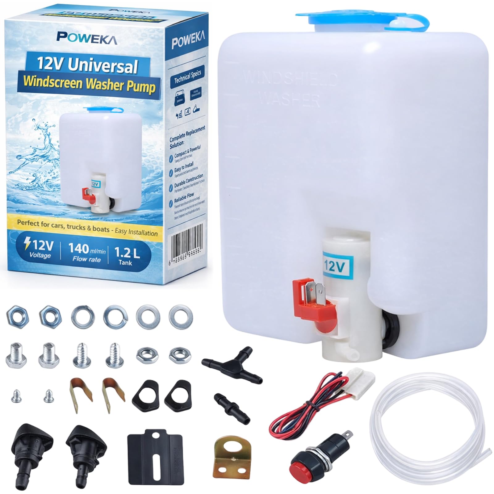 Kit de Pompe de Lave-glace Universel 12V Réservoir Pour Voiture Bateau | Avec Tuyau, Câbles Électriques Et Accessoires De Montage Inclus