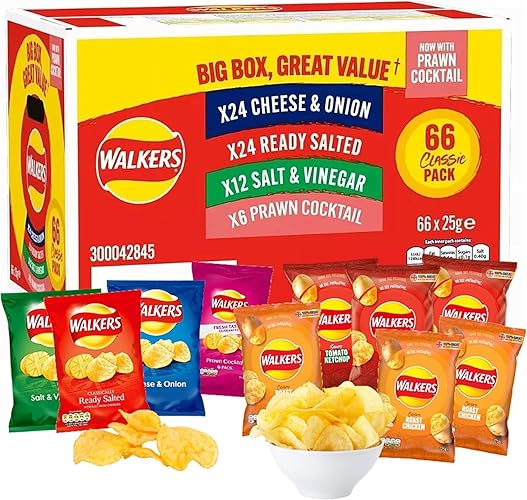 66 Bag Crisps Multipack – Snack Box with 66 x 25g Assorted Classic Walkers Crisps - Giant Box of Potato Snacks for Parties, Pubs & Gatherings.