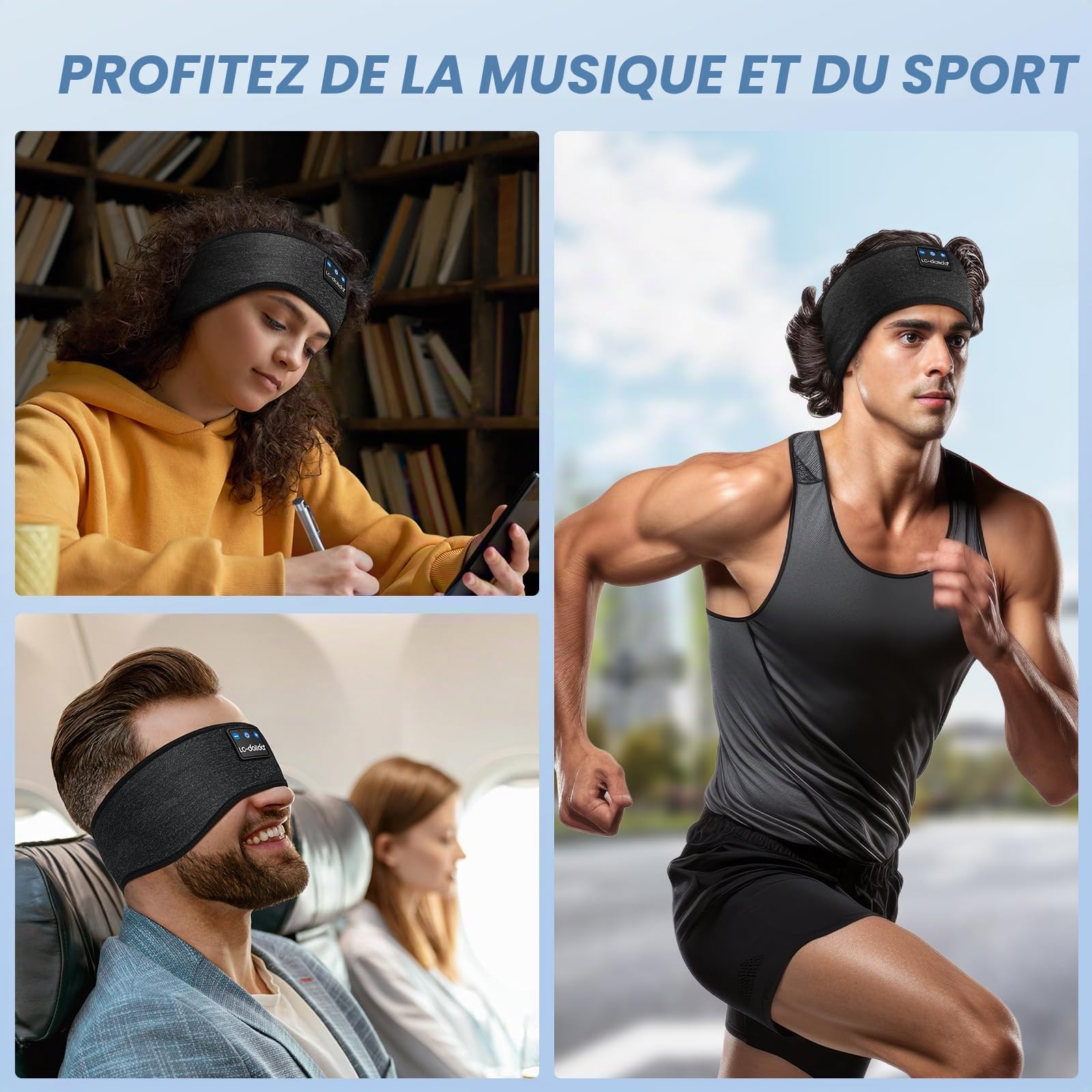 LC-dolida Casque de Sommeil Bluetooth 5.2, Masque de Sommeil avec Bandeau Bluetooth, Bandeau de Sport sans Fil, Noir Foncé