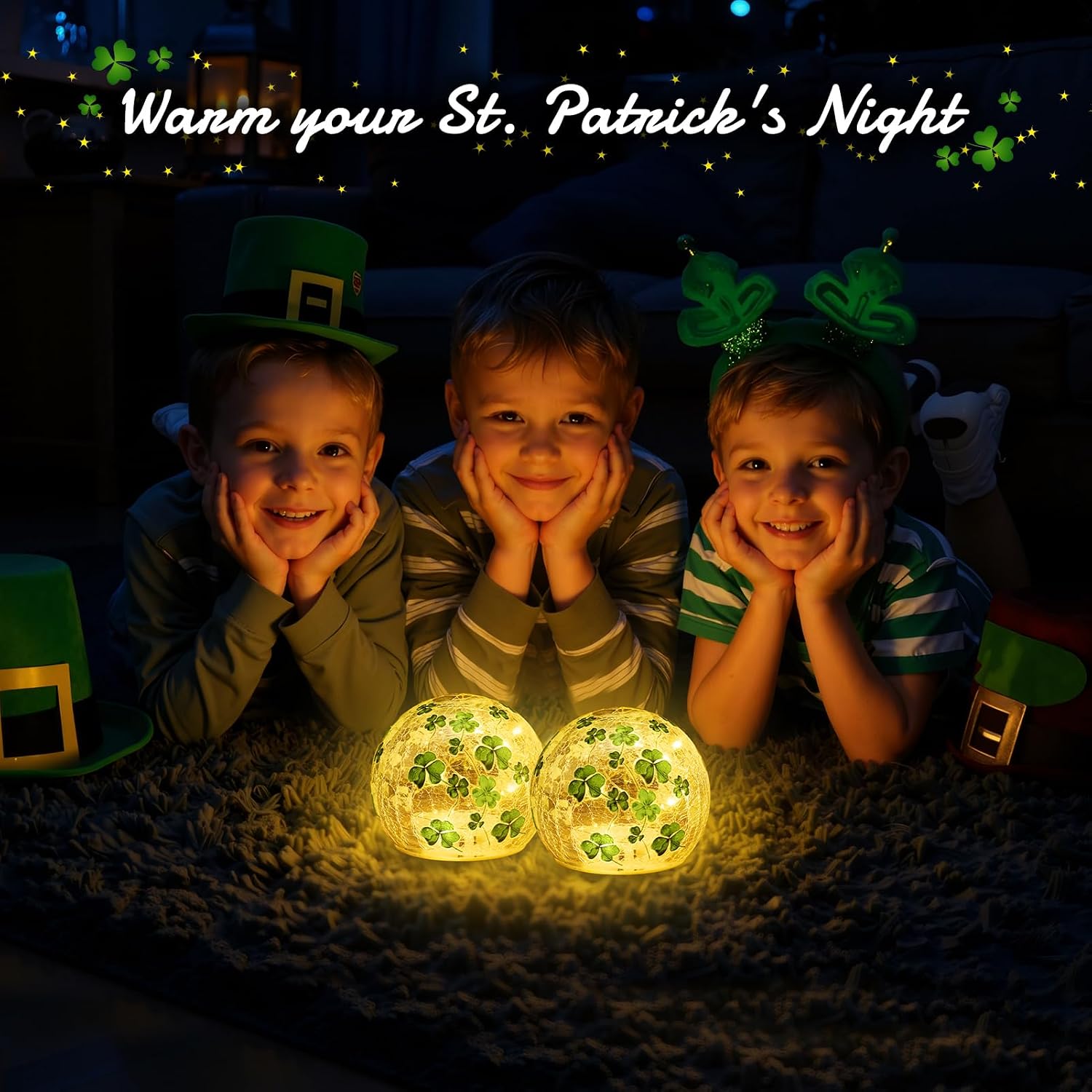 TTQ [Timer] 2 Pcs St Patricks Day Decoration,3.93'' Lighted Decorative Glass Ball,Shamrock Crackle Globe Night Light,Decorative Balls Glass Orb Table Lamp for Home Table Centerpieces Decor Gift