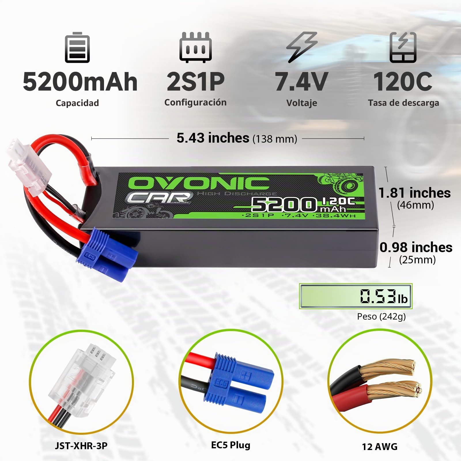 OVONIC – Batería Lipo 2S 7.4V 2200mAh 120C Con Conector XT60 – 2 Unidades – Ideal Para RC Helicópteros Y Coches 1/14 – Funda Blanda Y Ligera