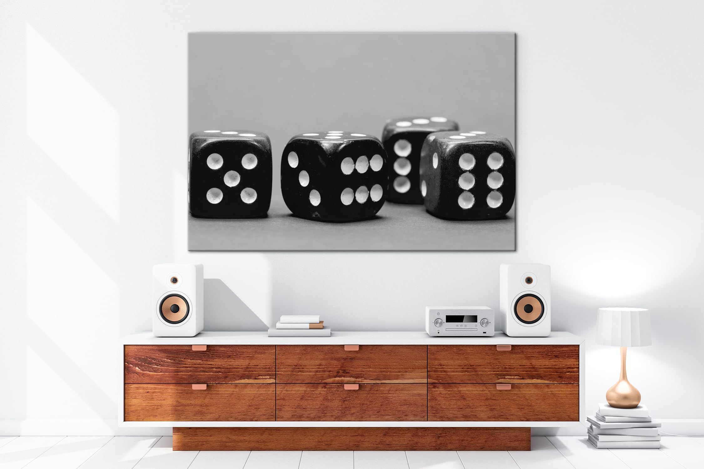 deyoli Kwadratowa kostka do gry, format: 75 x 50 cm, efekt: czarny/biały jako obraz na płótnie, motyw oprawiony na ramie z prawdziwego drewna, wysokiej jakości druk cyfrowy z ramą