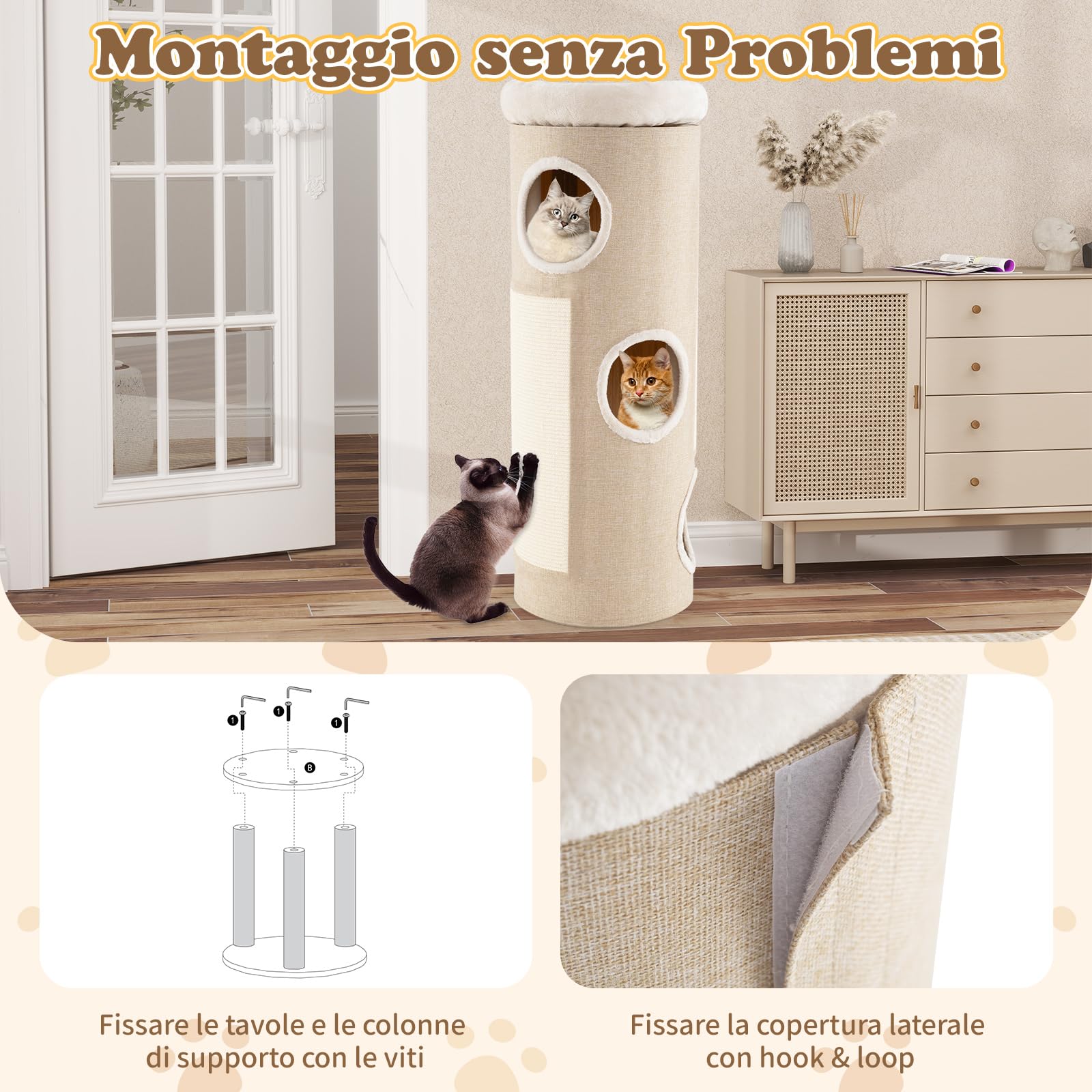 GYMAX Albero per Gatti a Forma di Barile, Casa a Più Livelli con 3 Ingressi e Letto in Pile Rimovibile, Torre da Interno con Copertura Rimovibile e Tiragraffi, per Gatti Adulti e Gattini, Beige