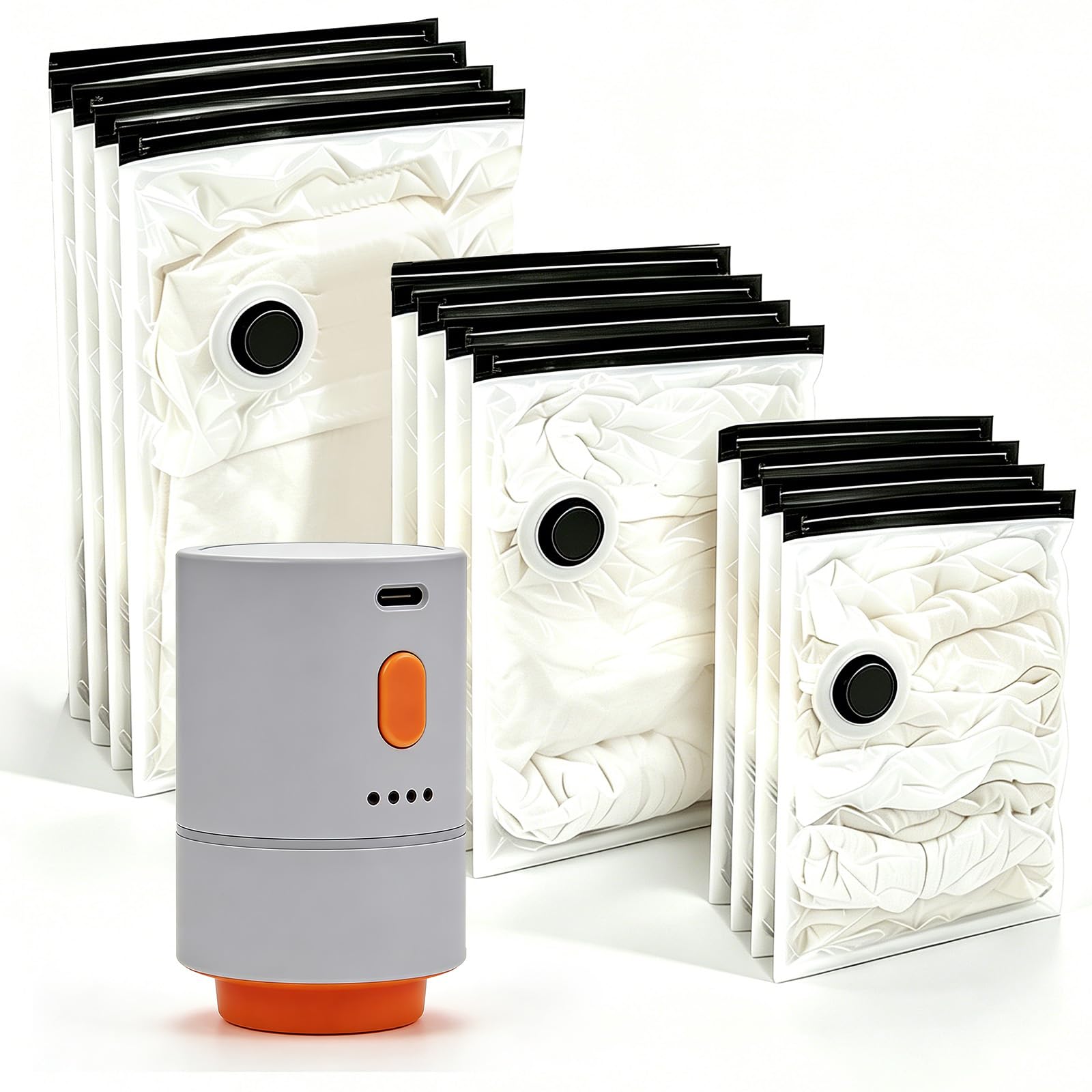 Set di sacchetti sottovuoto con pompa senza fili, 12 pezzi (4 x 40 x 60, 4 x 50 x 70, 4 x 60 x 80 cm), pompa per sottovuoto elettrica ricaricabile, 1800 mAh, sacchetti salvaspazio per vestiti, viaggi